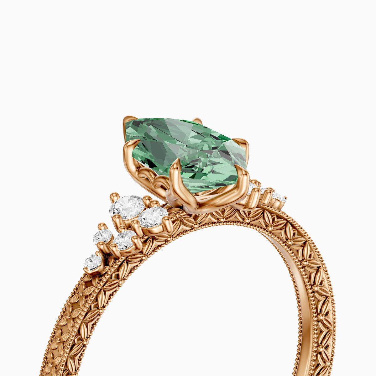 Jenna Dutch Marquise Green Lab Grown Diamond Vintage Ring with Milgrain Band