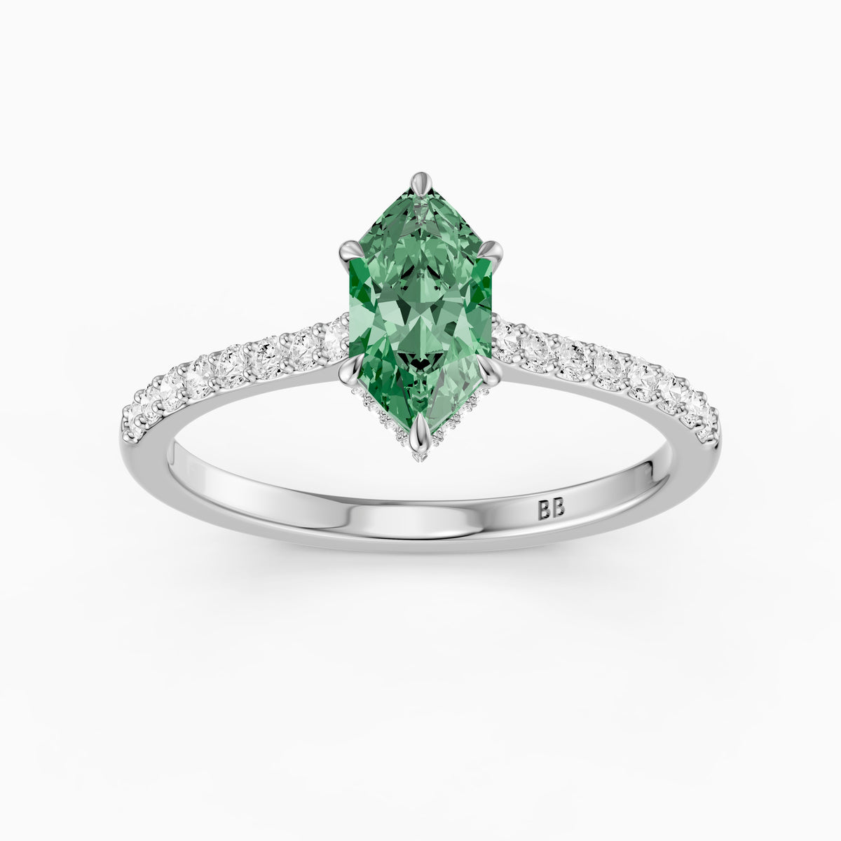 Andrea Dutch Marquise Green Lab Grown Diamond Hidden Halo French Pave Engagement Ring