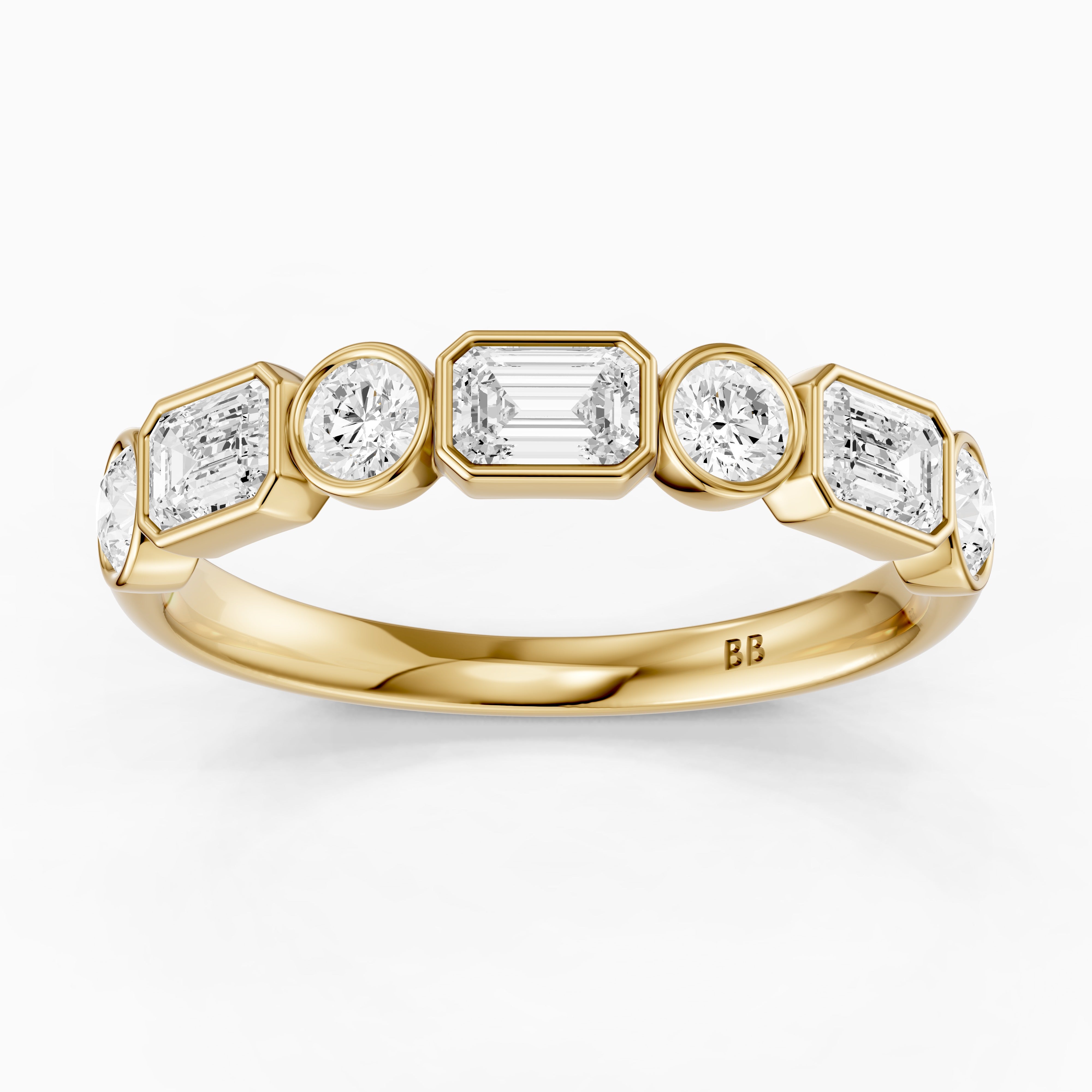 Jade Round and Emerald Shape Lab Grown Diamond Bezel Anniversary Band