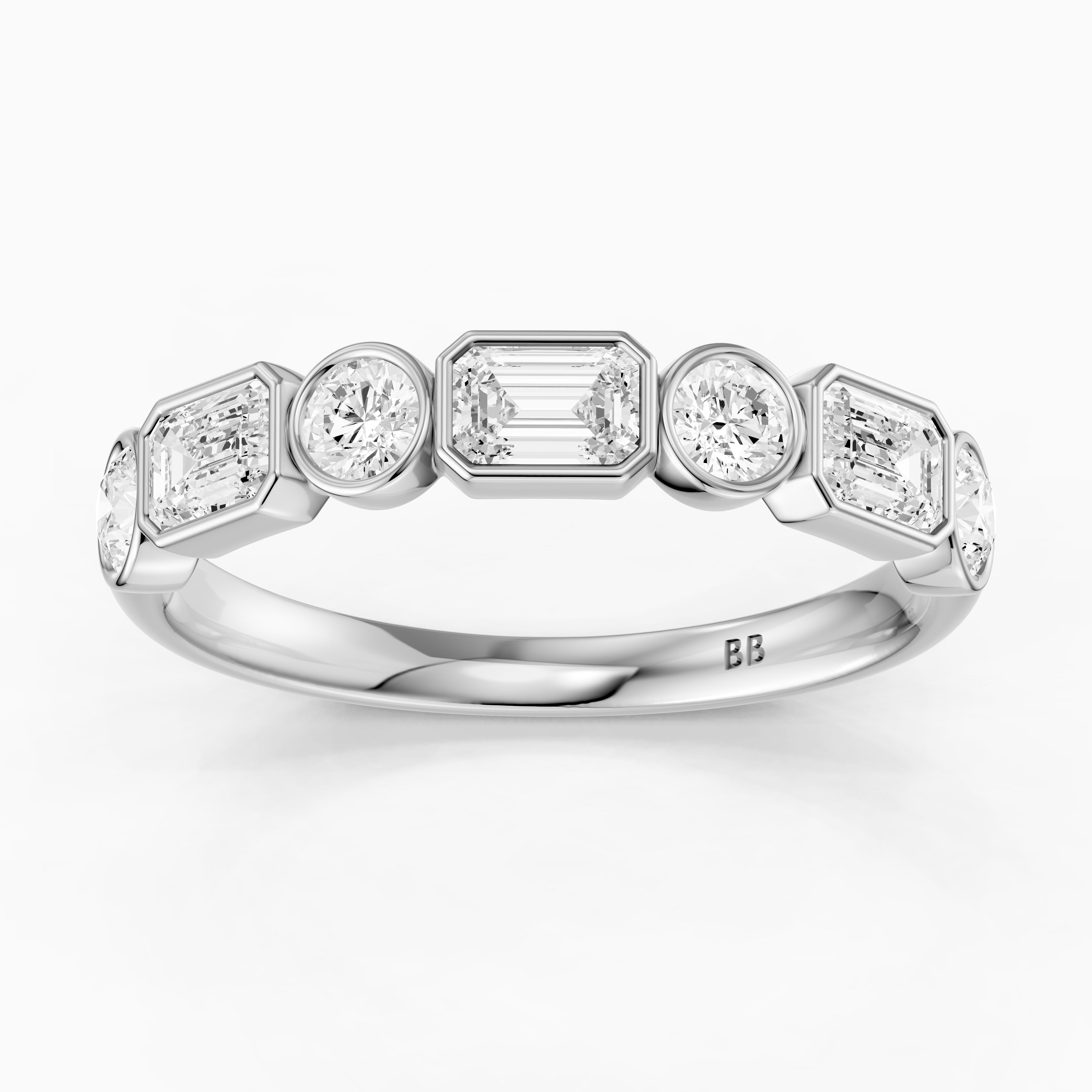 Jade Round and Emerald Shape Lab Grown Diamond Bezel Anniversary Band