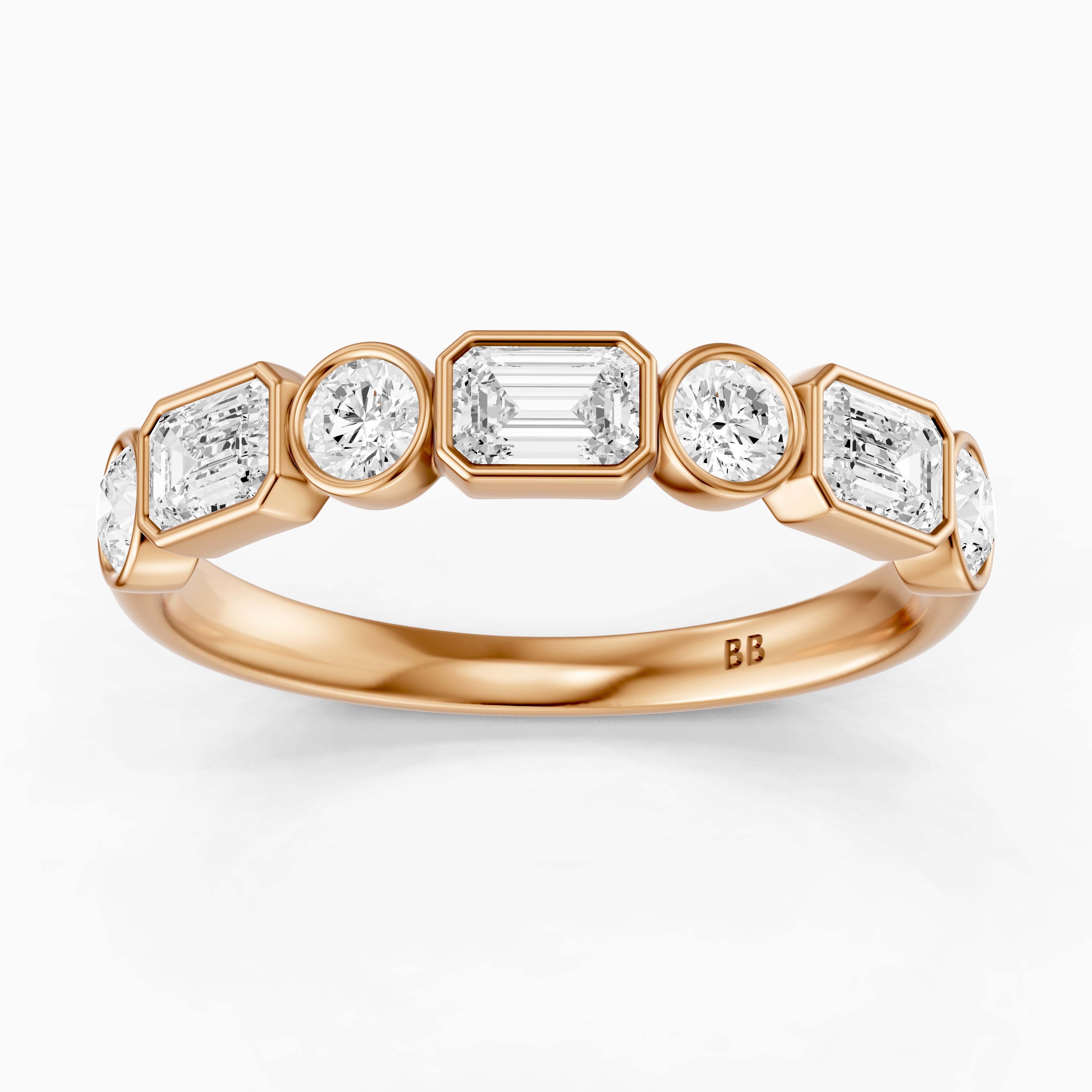 Jade Round and Emerald Shape Lab Grown Diamond Bezel Anniversary Band