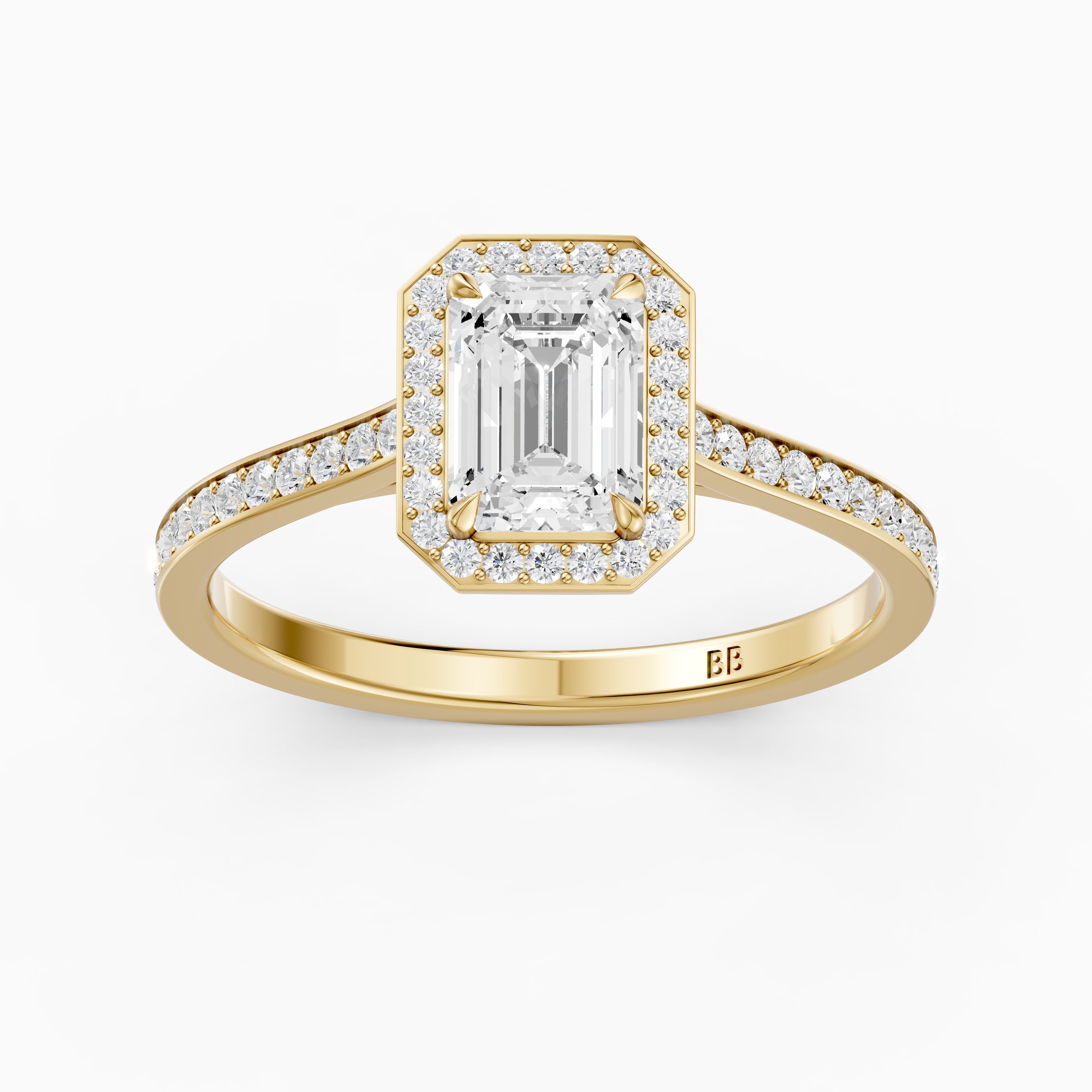 Isabelle Emerald Cut Halo Low Profile Side Stone Moissanite Diamond Ring