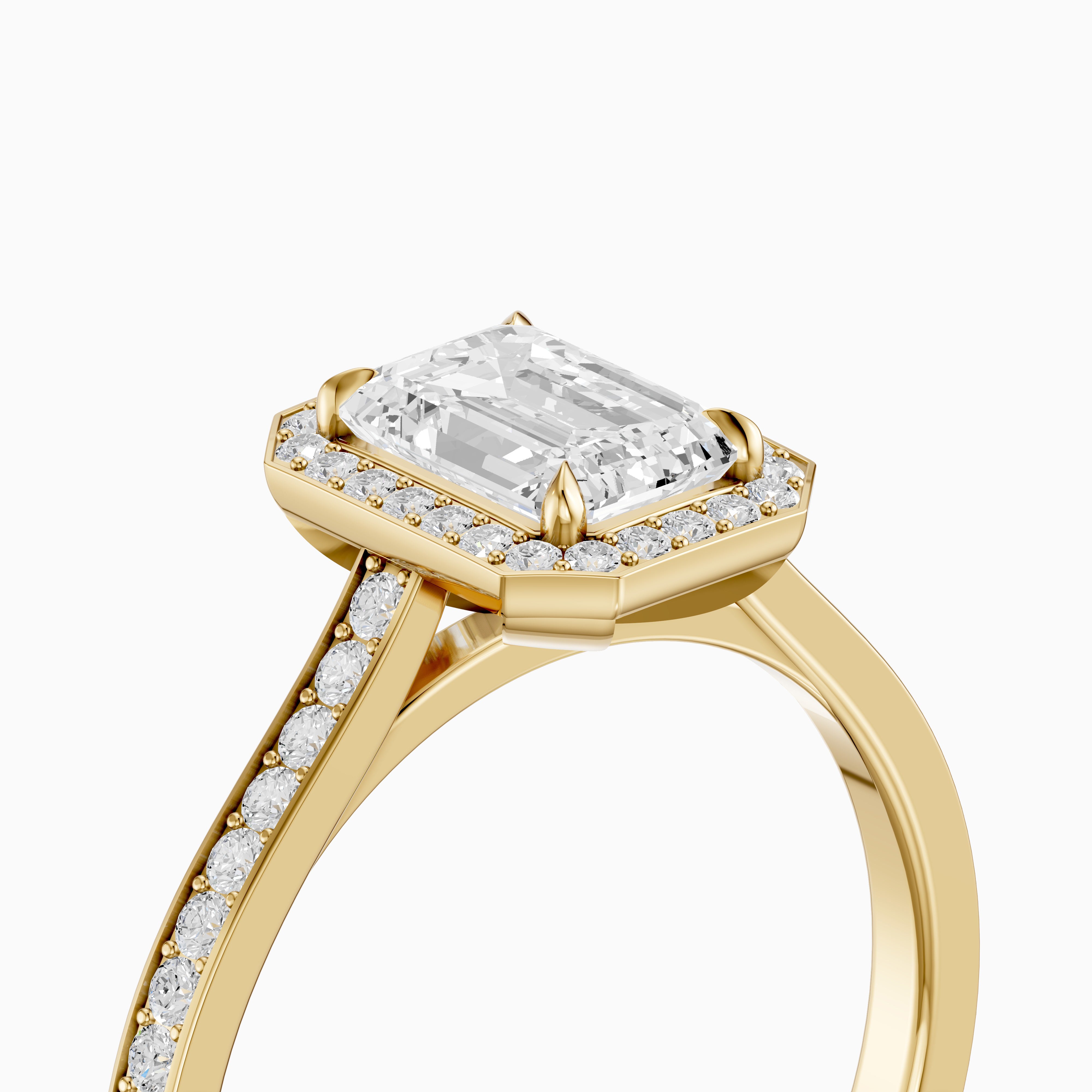 Isabelle Emerald Cut Halo Low Profile Side Stone Moissanite Diamond Ring