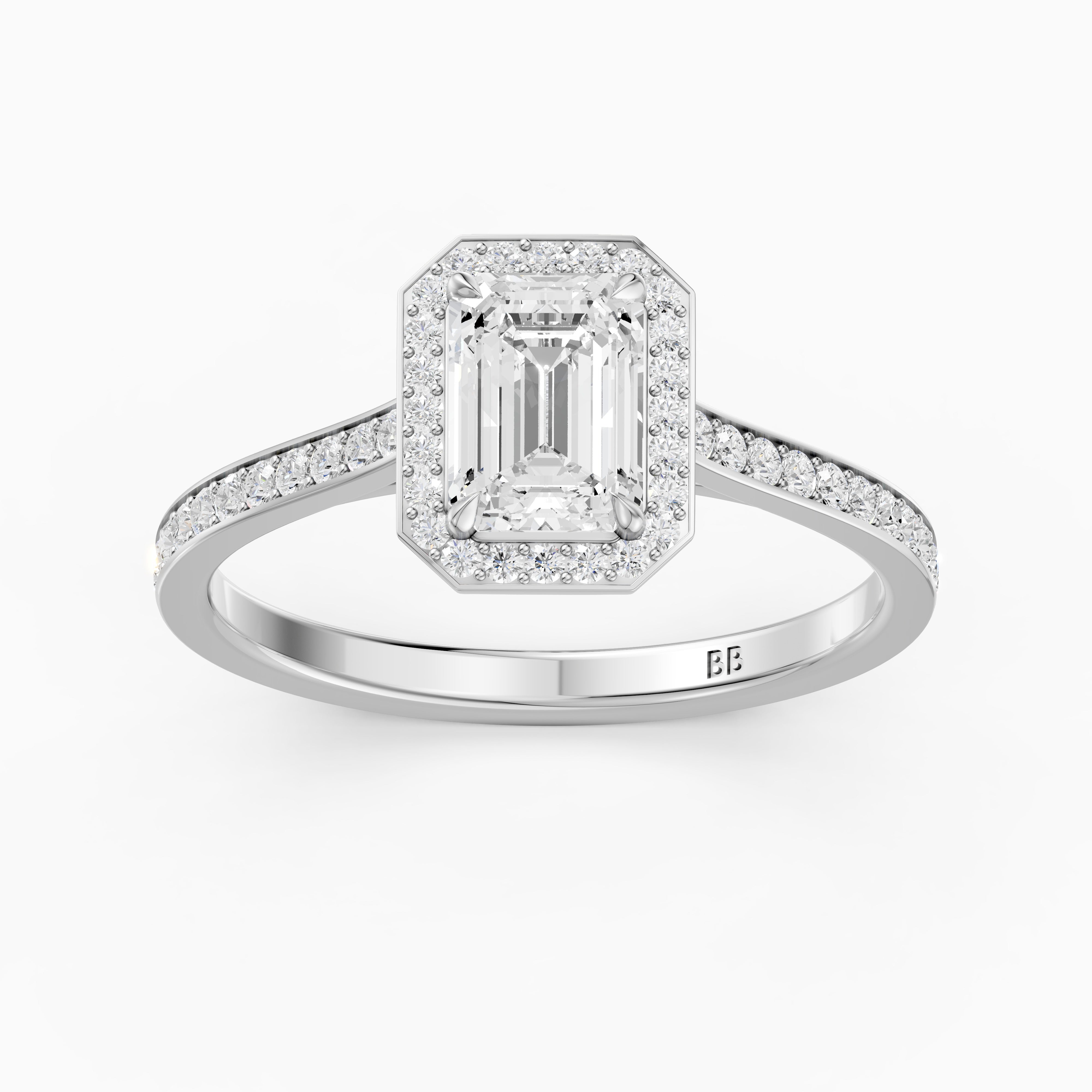 Isabelle Emerald Cut Halo Low Profile Side Stone Moissanite Diamond Ring