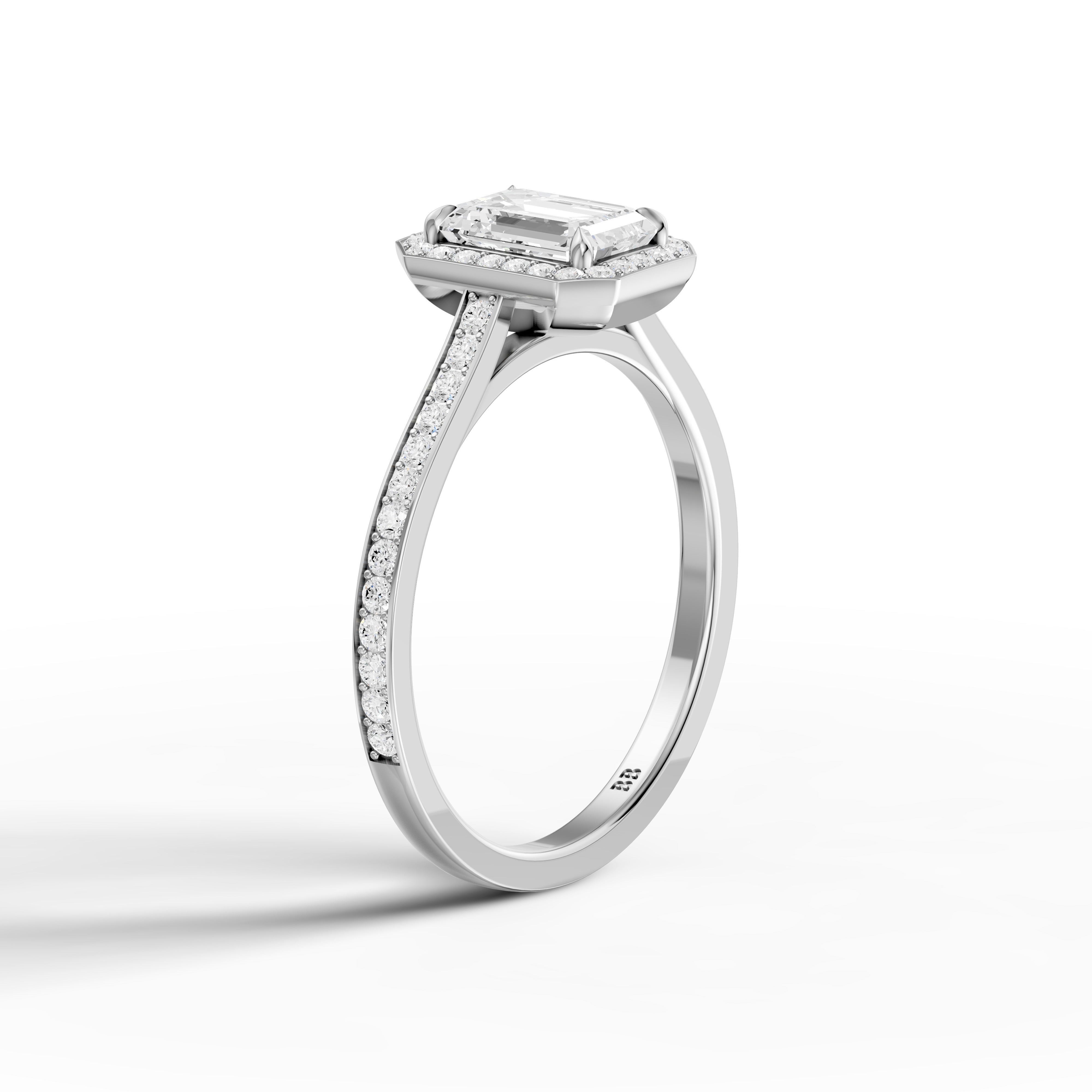 Isabelle Emerald Cut Halo Low Profile Side Stone Moissanite Diamond Ring
