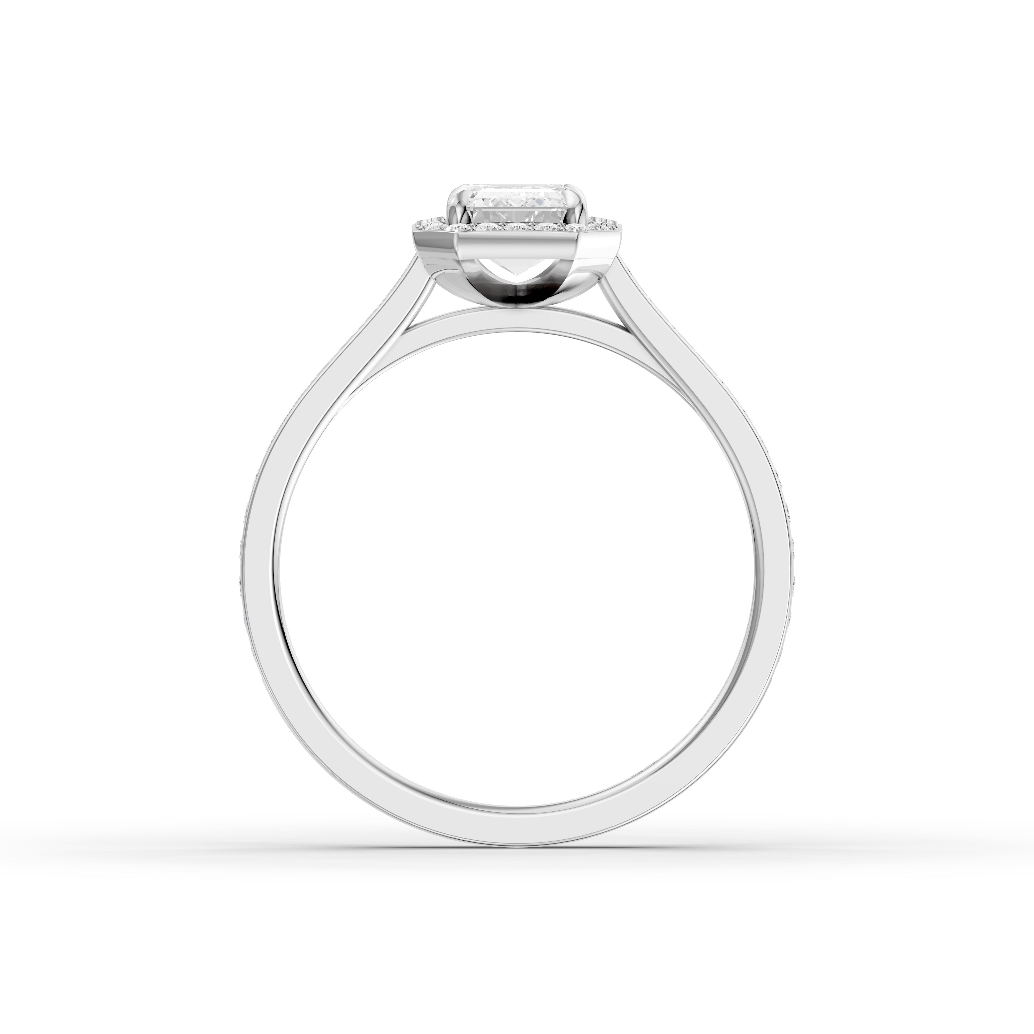 Isabelle Emerald Cut Halo Low Profile Side Stone Moissanite Diamond Ring