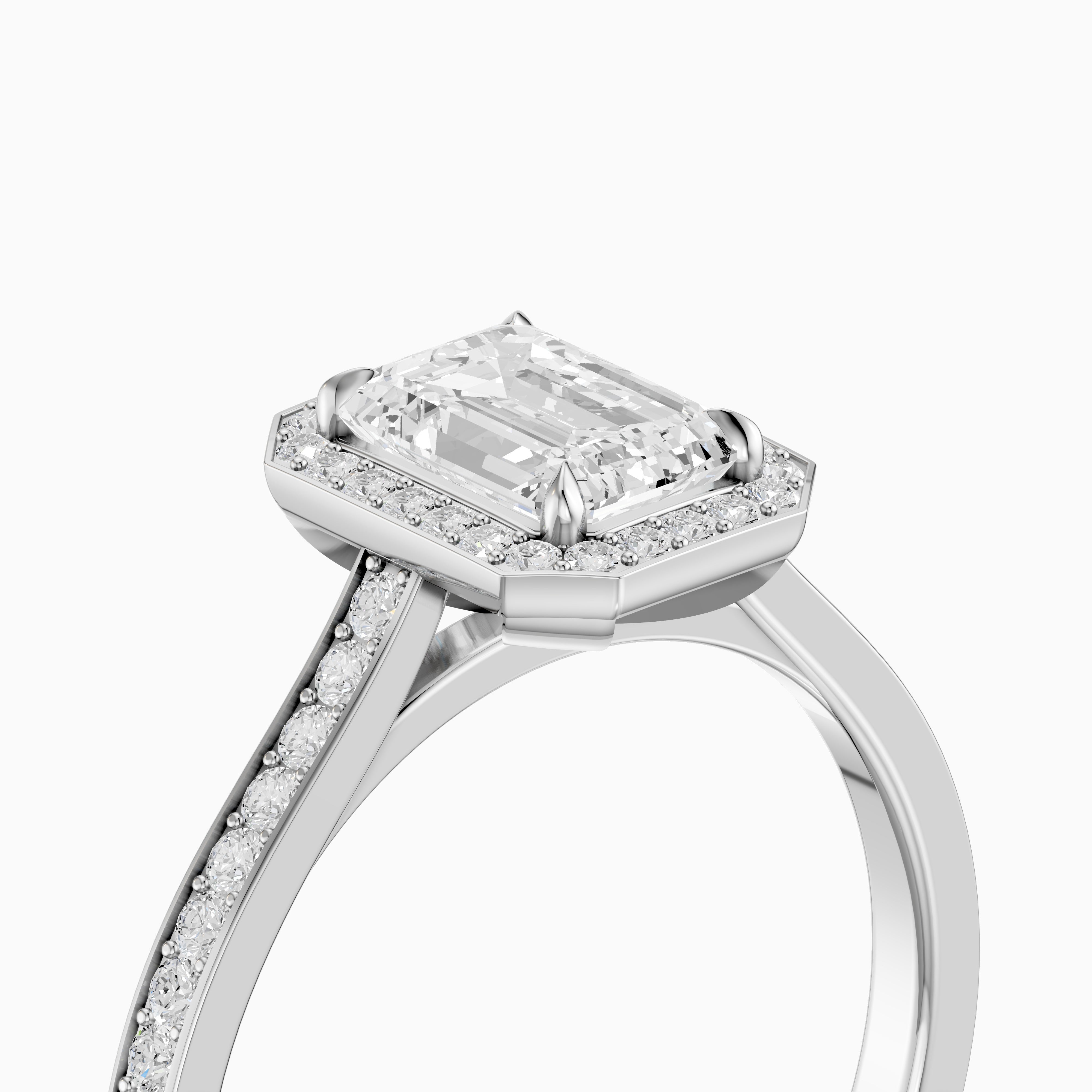 Isabelle Emerald Cut Halo Low Profile Side Stone Moissanite Diamond Ring