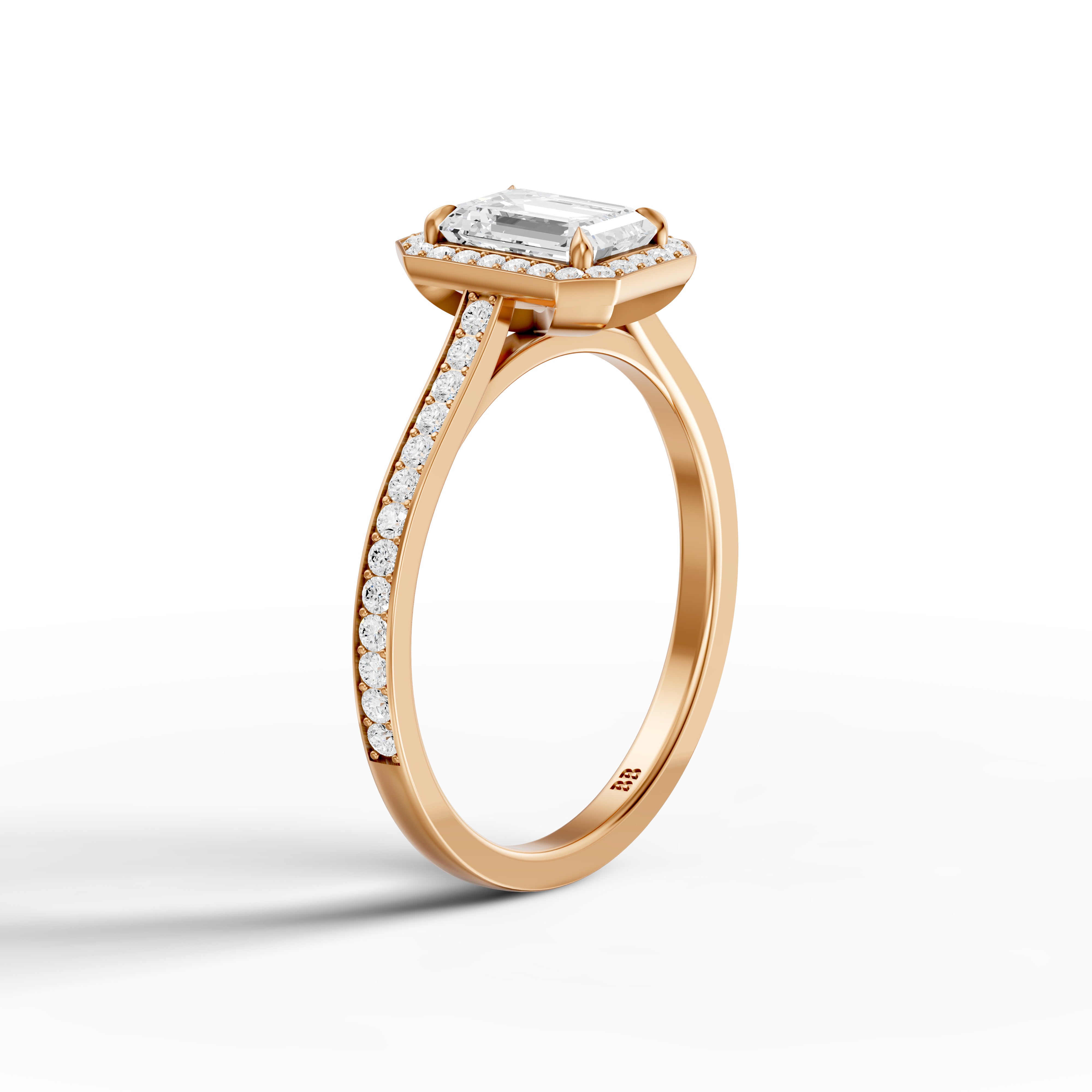 Isabelle Emerald Cut Halo Low Profile Side Stone Moissanite Diamond Ring