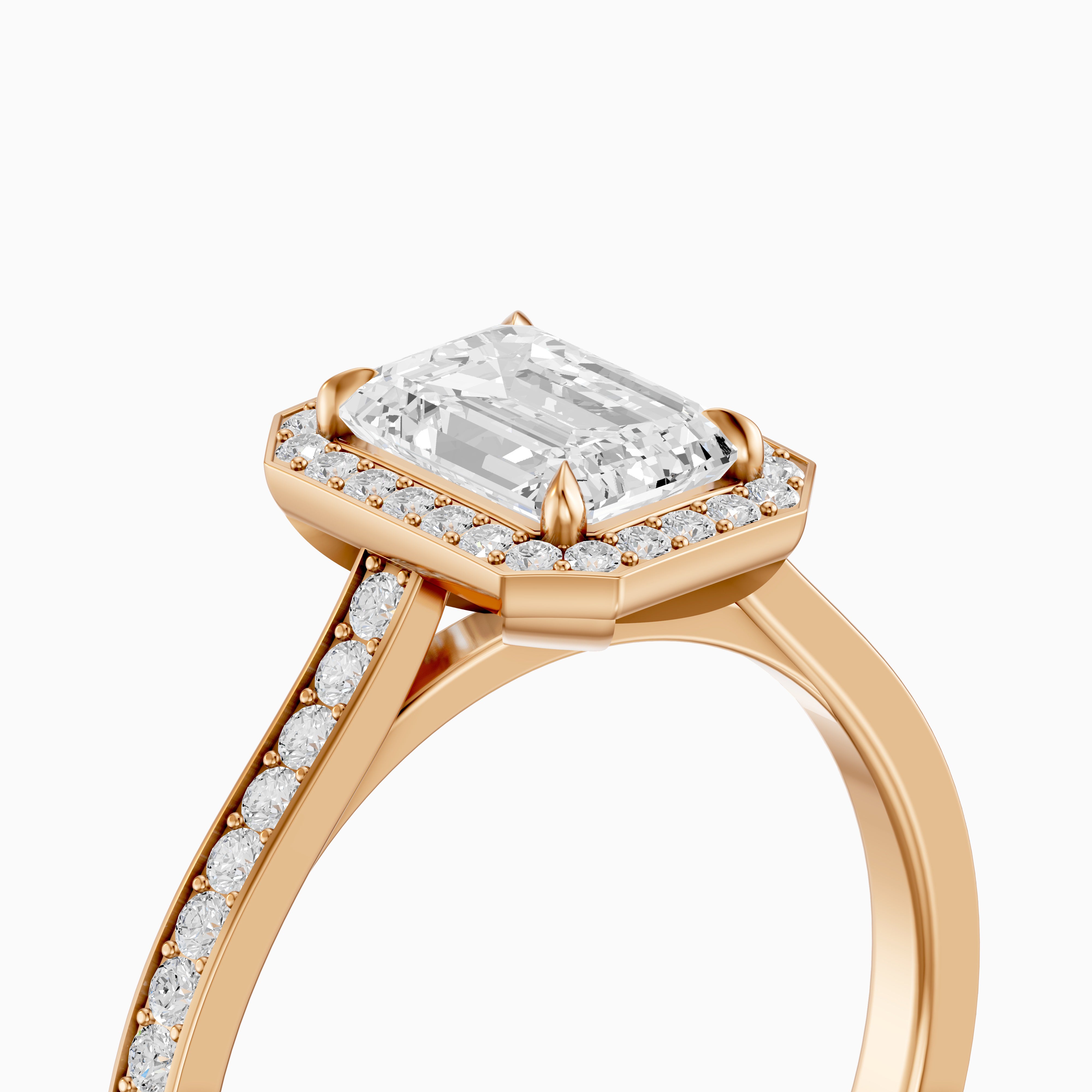 Isabelle Emerald Cut Halo Low Profile Side Stone Moissanite Diamond Ring