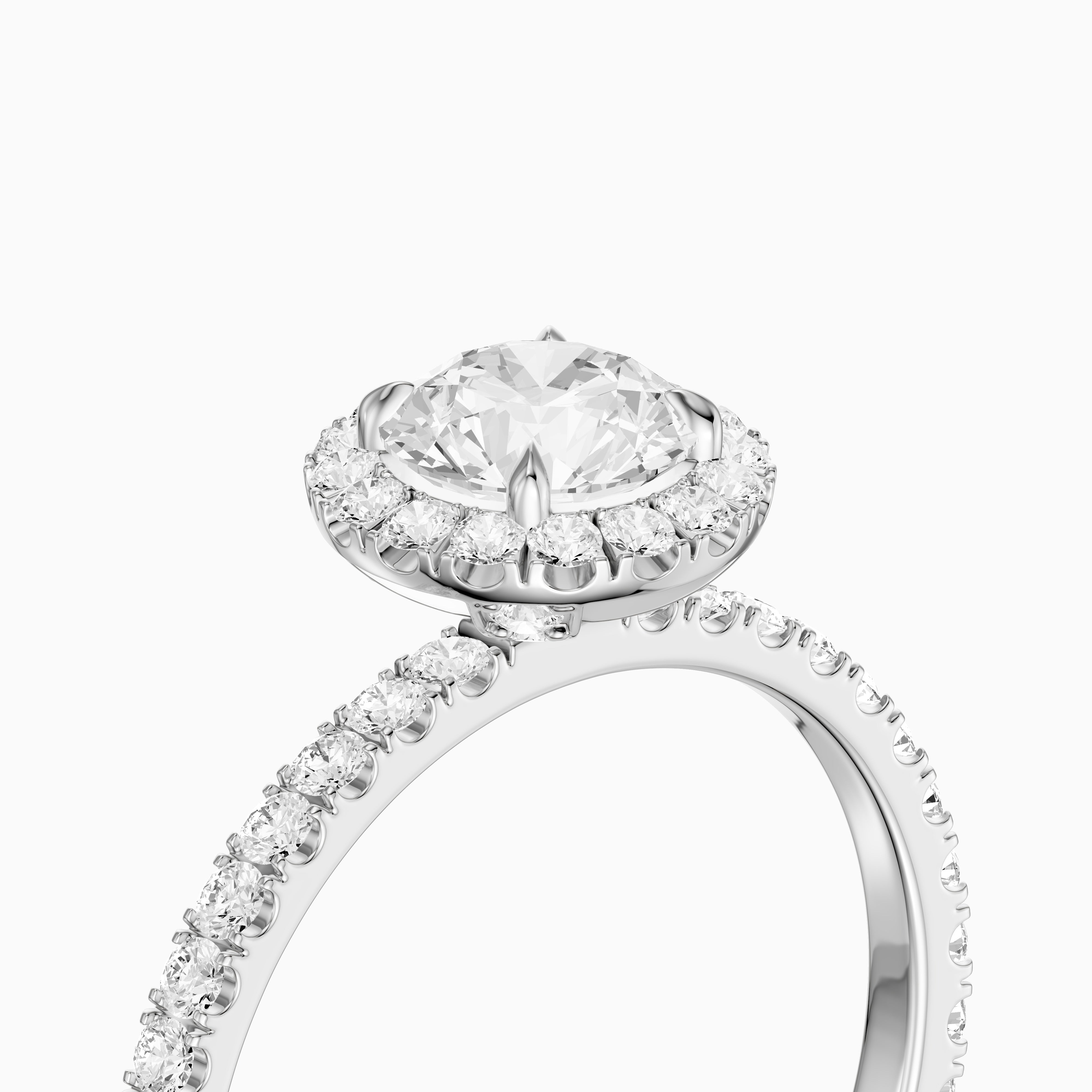 Gloria Round Cut Halo Pave Side Stone Moissanite Diamond Ring