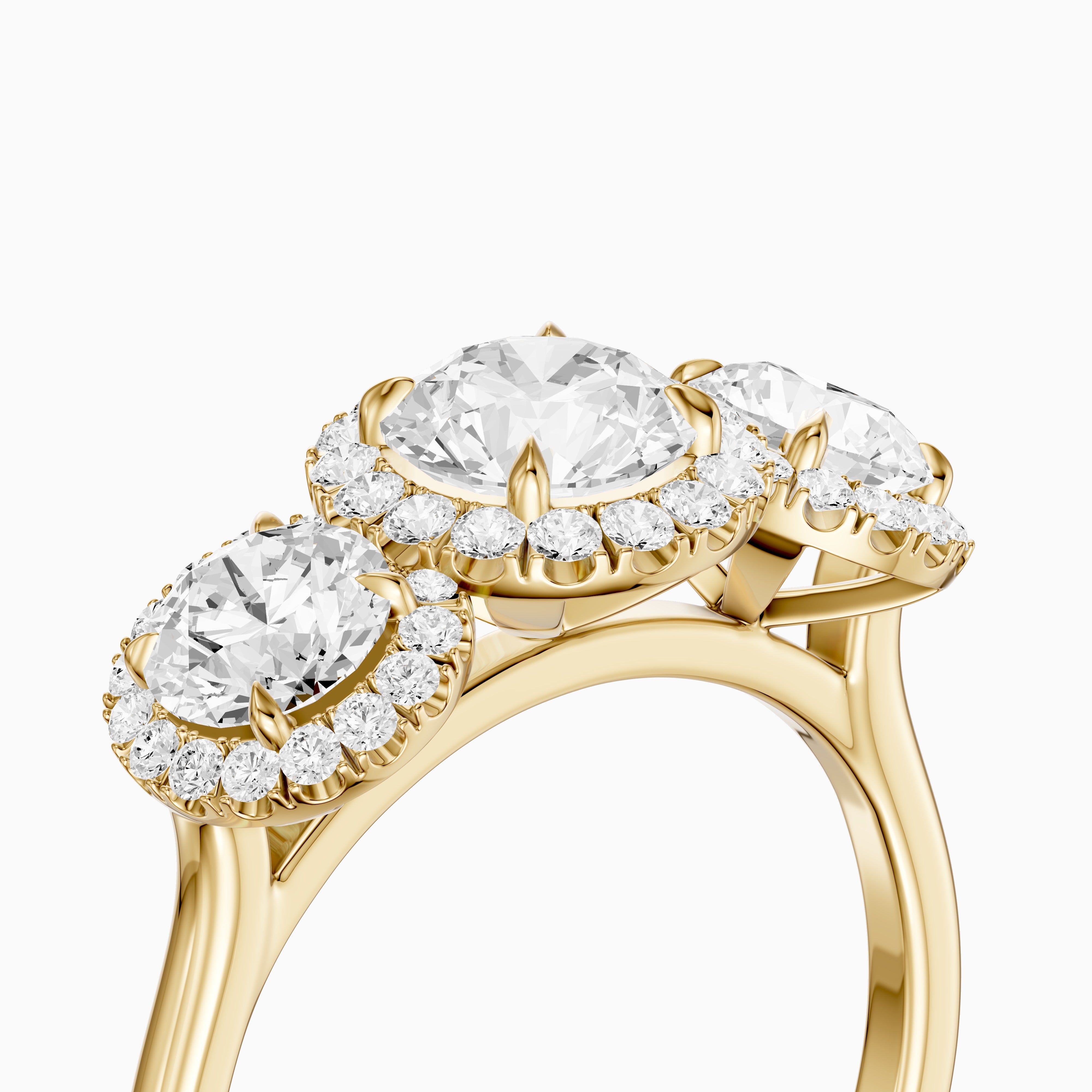 Ashley Three Stone Round Halo Moissanite Diamond Ring