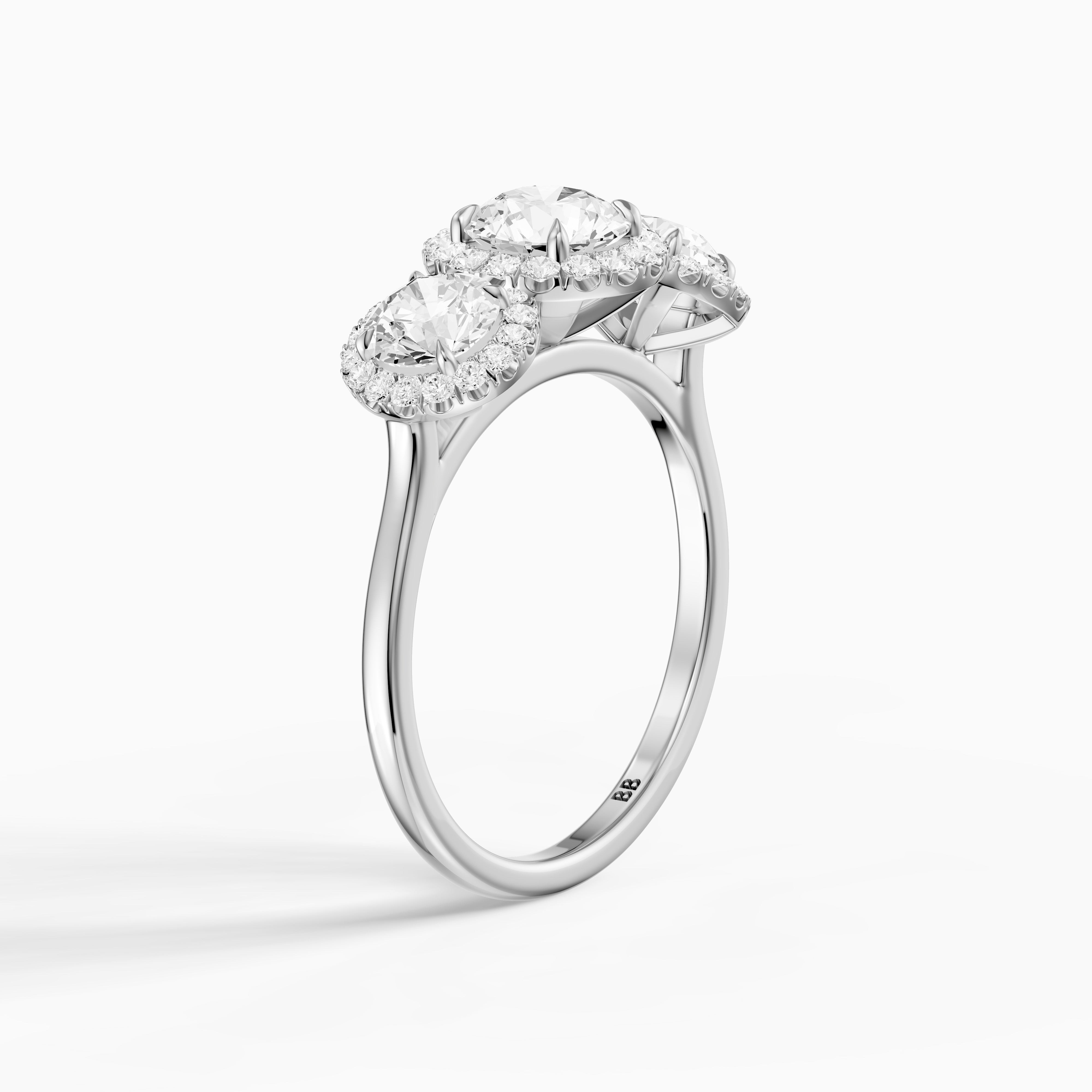 Ashley Three Stone Round Halo Moissanite Diamond Ring