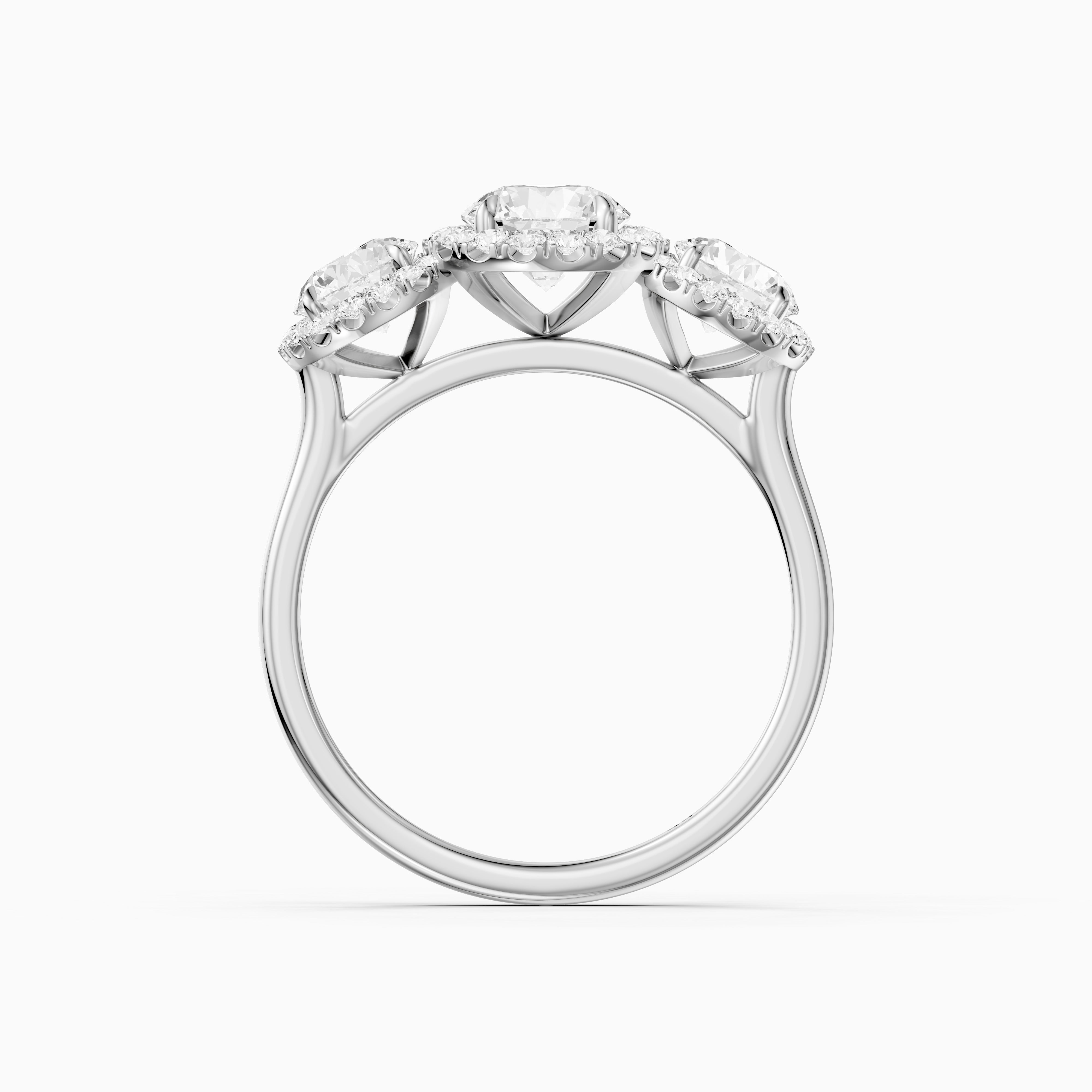 Ashley Three Stone Round Halo Moissanite Diamond Ring