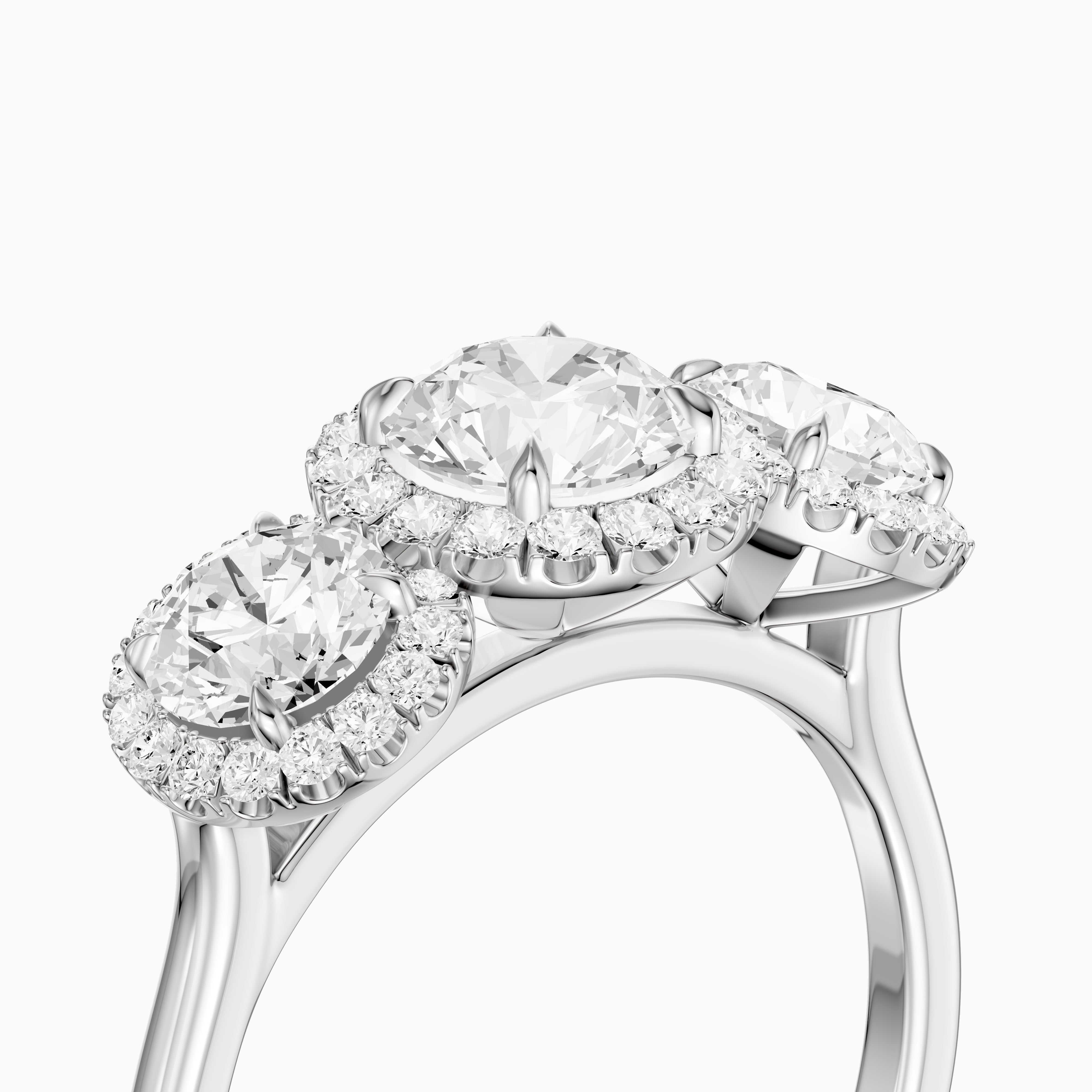 Ashley Three Stone Round Halo Moissanite Diamond Ring