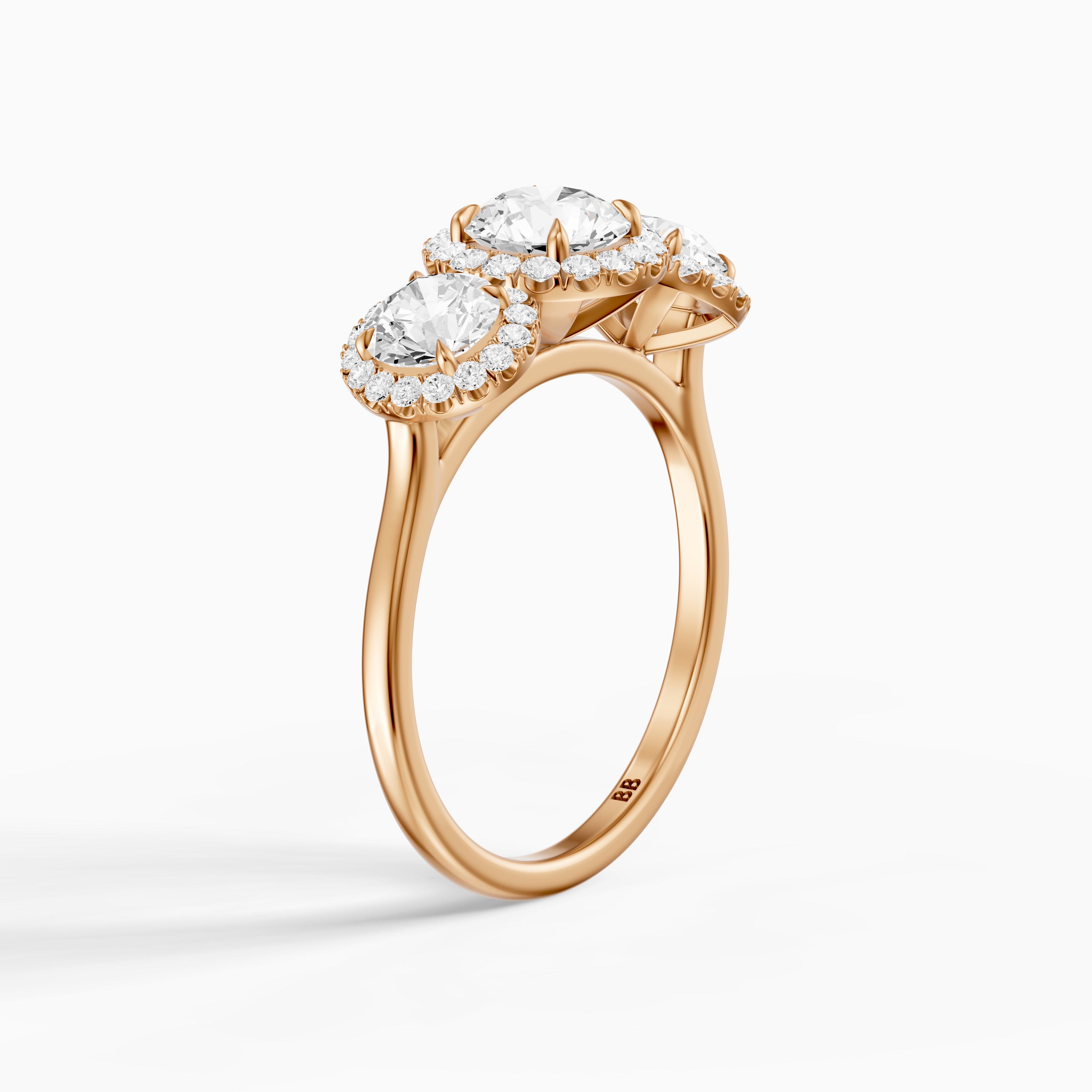 Ashley Three Stone Round Halo Moissanite Diamond Ring