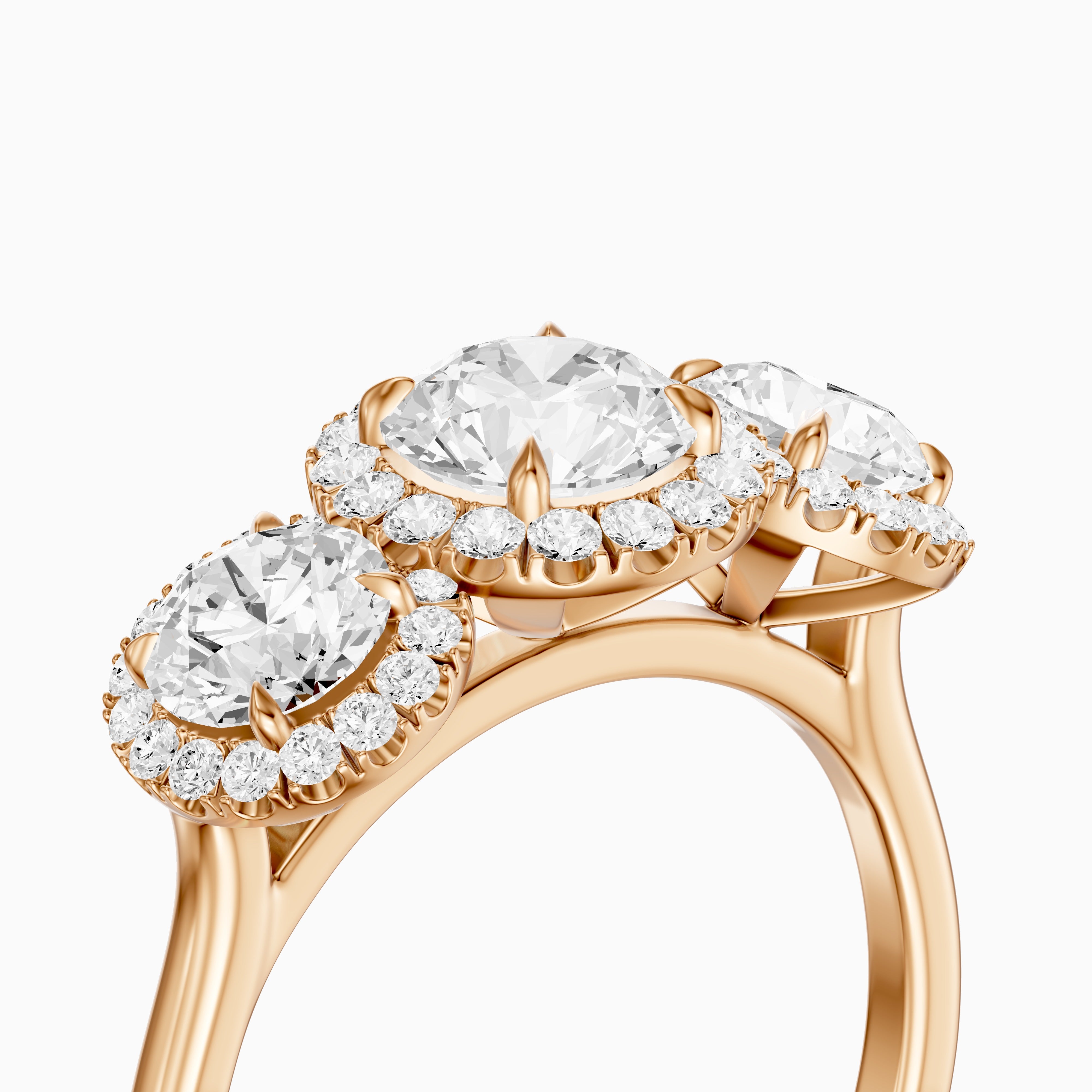 Ashley Three Stone Round Halo Moissanite Diamond Ring