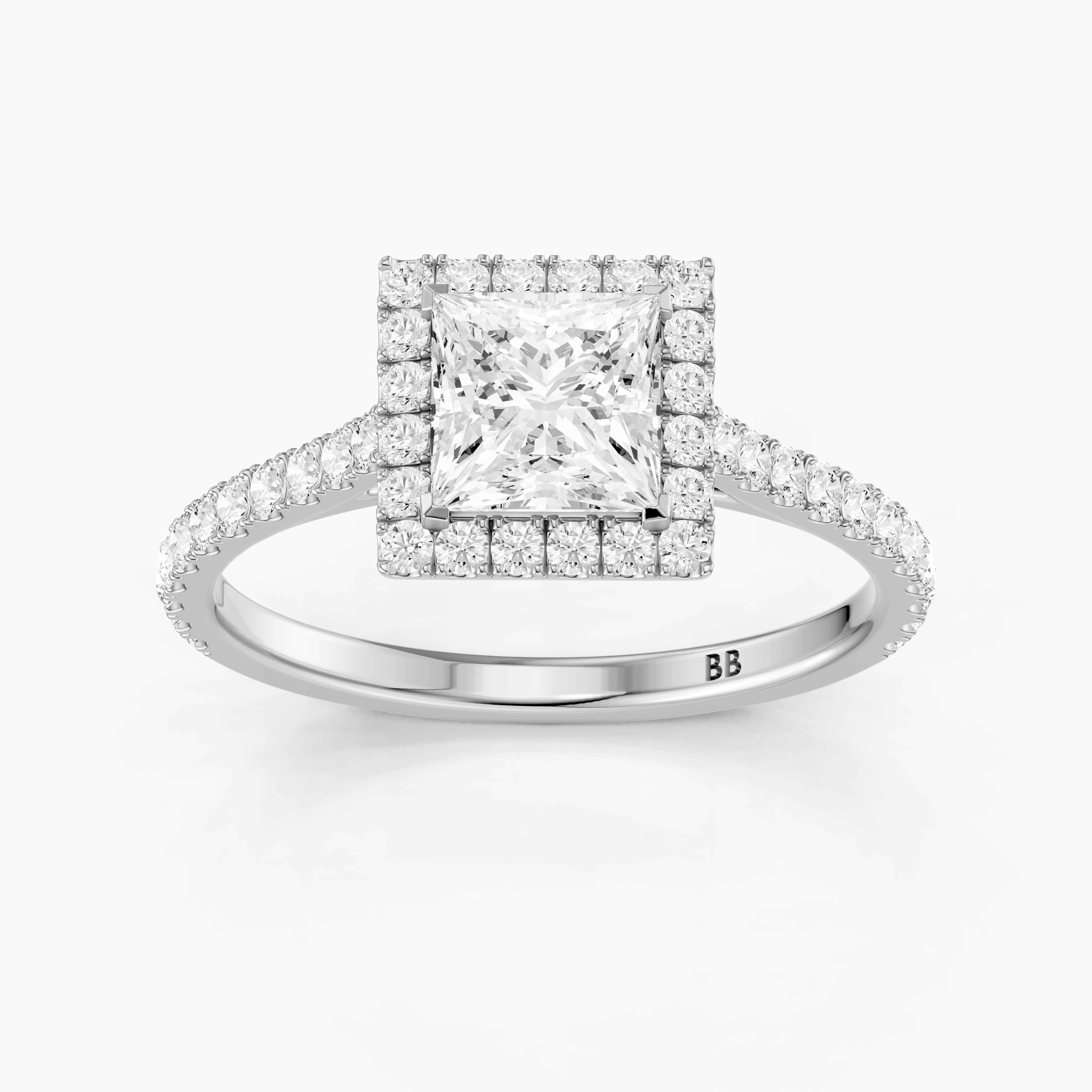 Allana Princess Cut Halo Pave Side Stone Lab Grown Diamond Ring