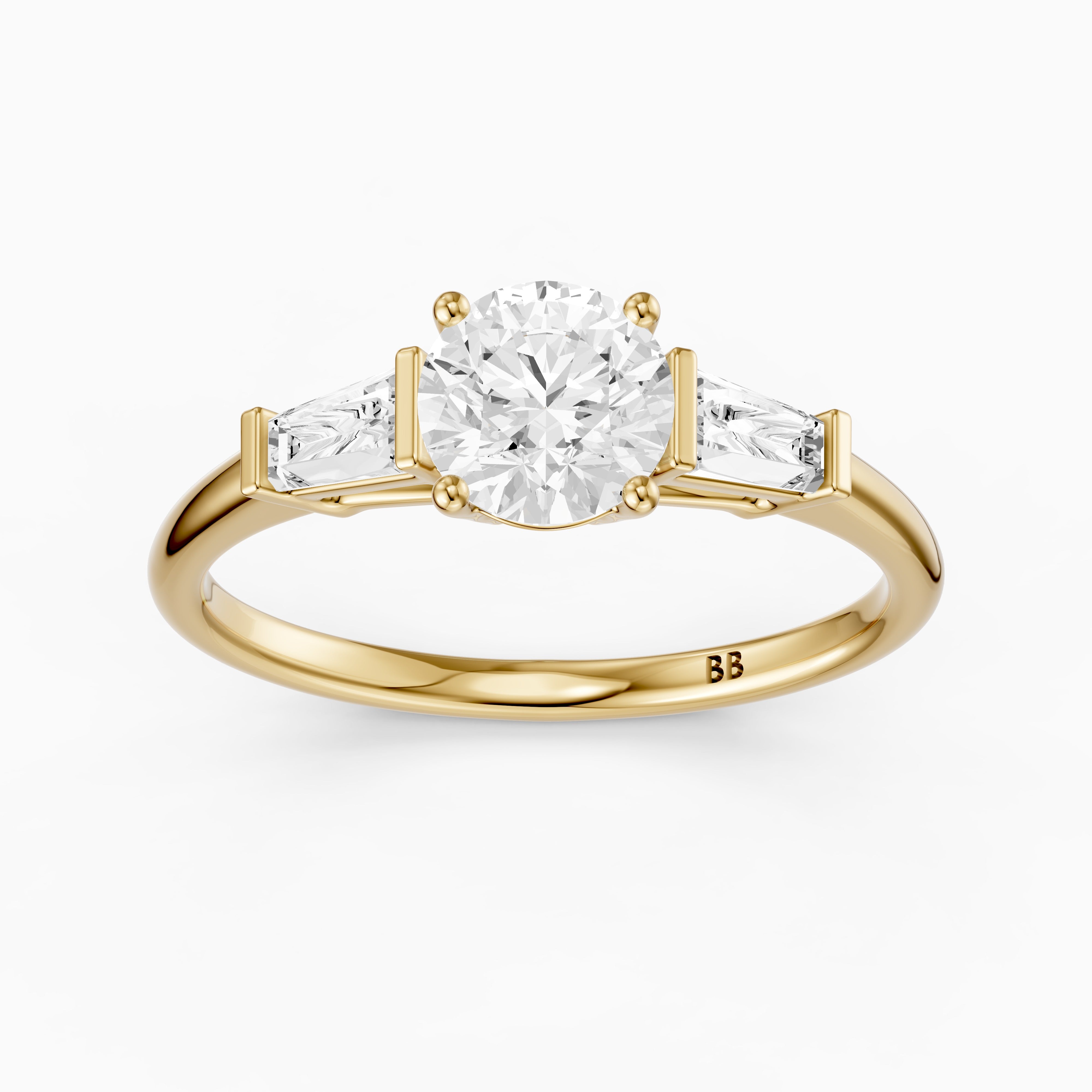 Kelcie Round 3 Stone Lab Grown Diamond Ring With Baguette Side Stones