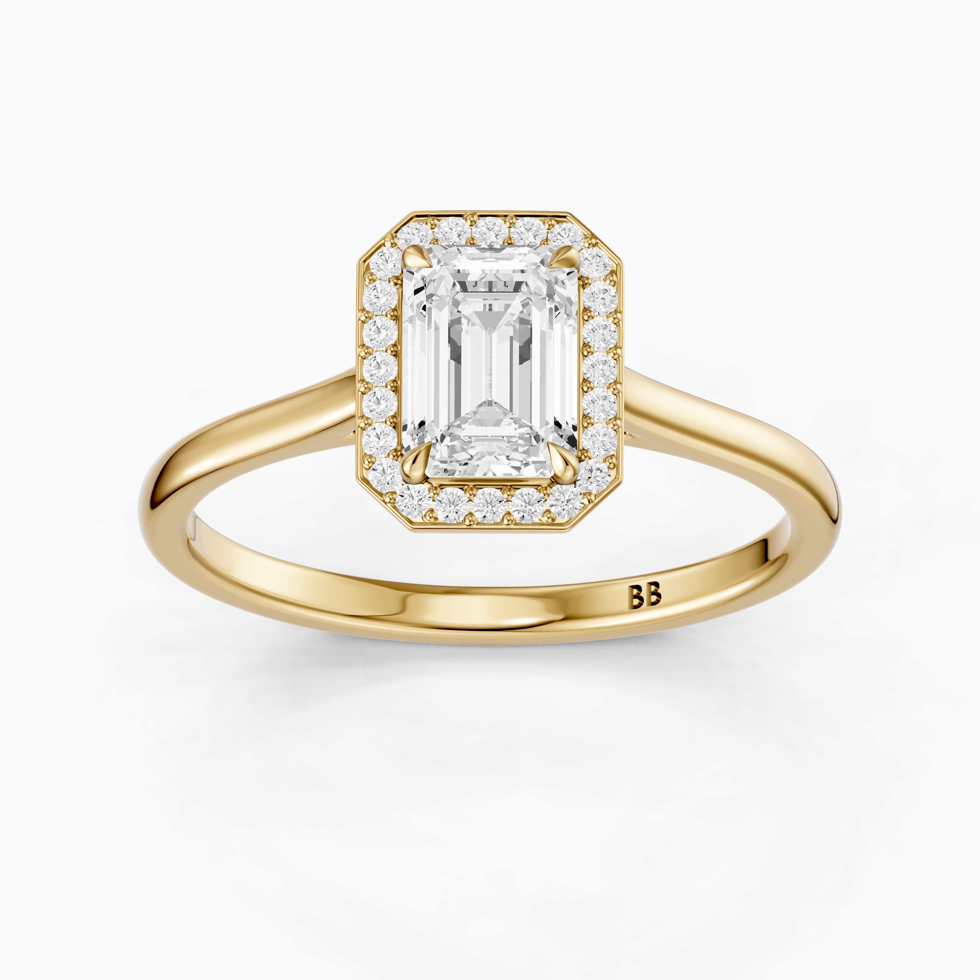 Ailani 4 Prong Emerald Cut Halo Cathedral Moissanite Diamond Ring