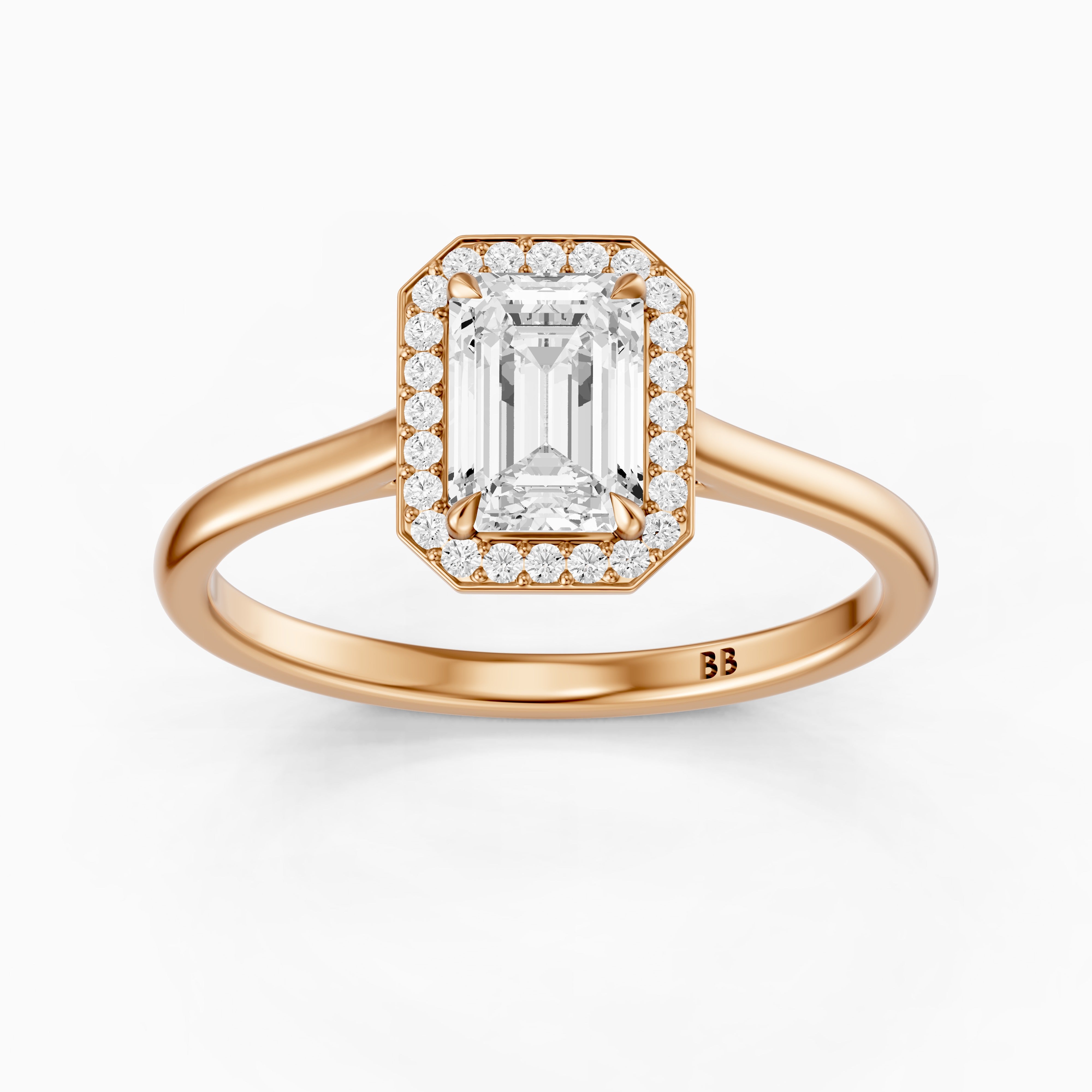 Ailani 4 Prong Emerald Cut Halo Cathedral Moissanite Diamond Ring