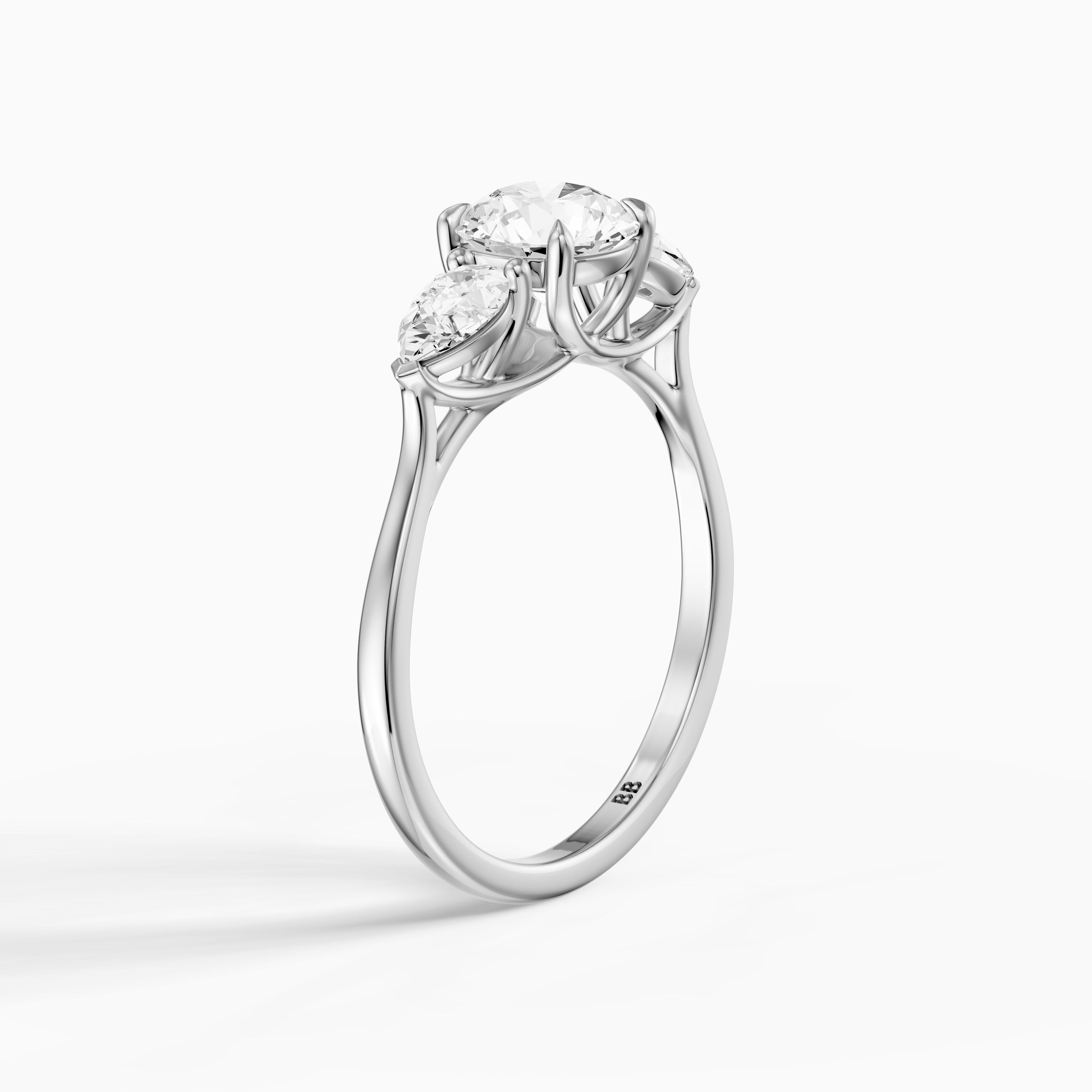 Emmill Three Stone Round Cut Moissanite Diamond Ring WIth Pear Side Stone