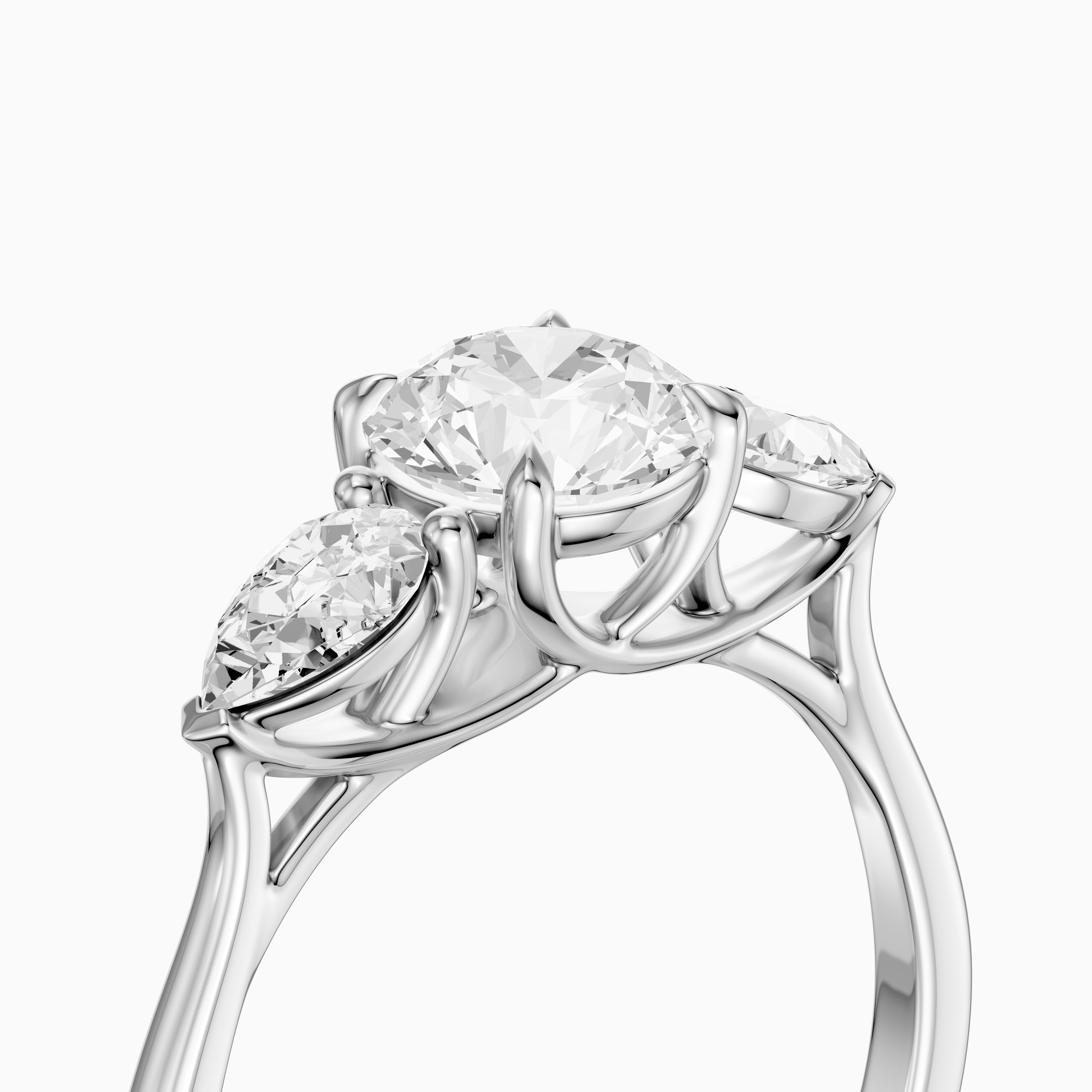 Emmill Three Stone Round Cut Moissanite Diamond Ring WIth Pear Side Stone