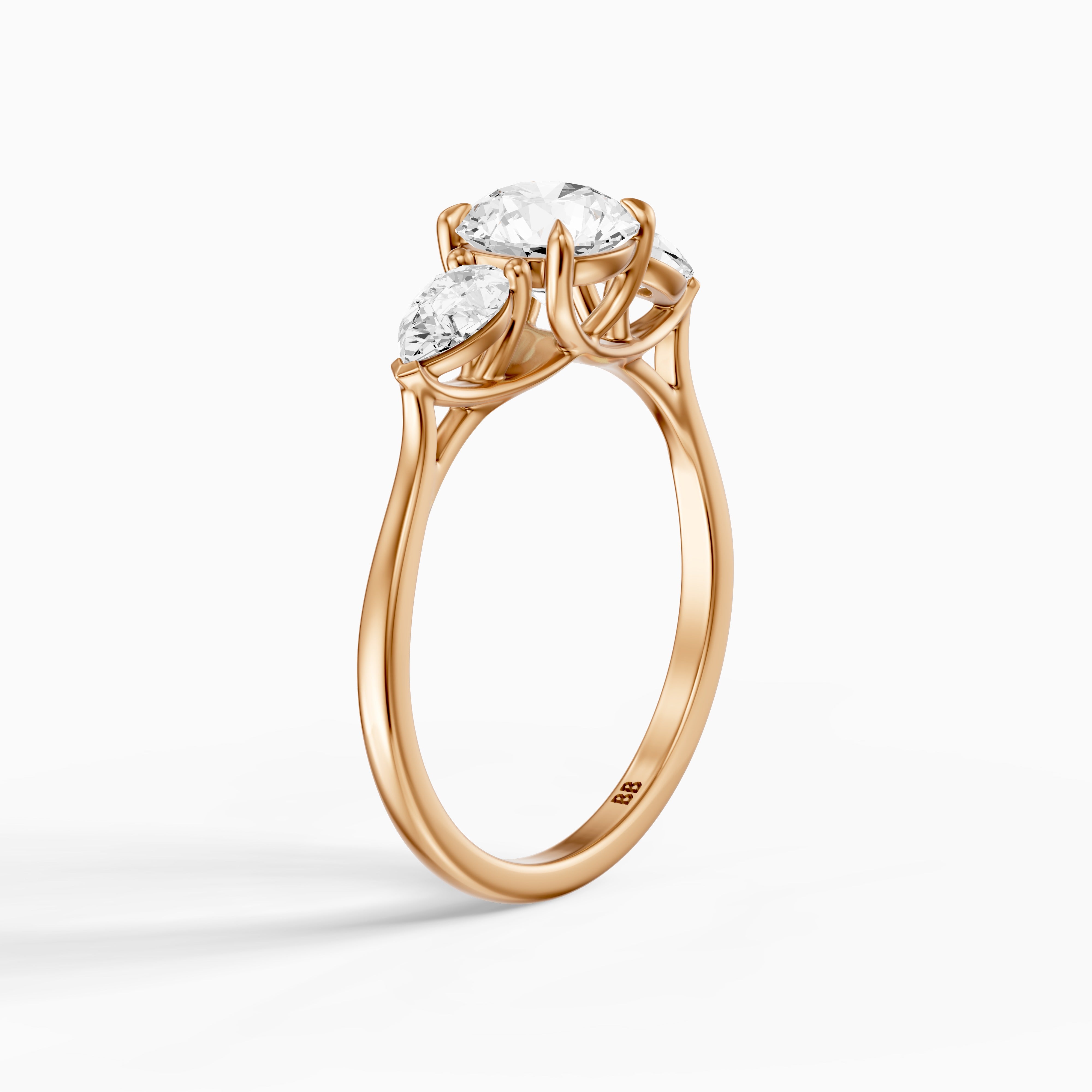 Emmill Three Stone Round Cut Moissanite Diamond Ring WIth Pear Side Stone