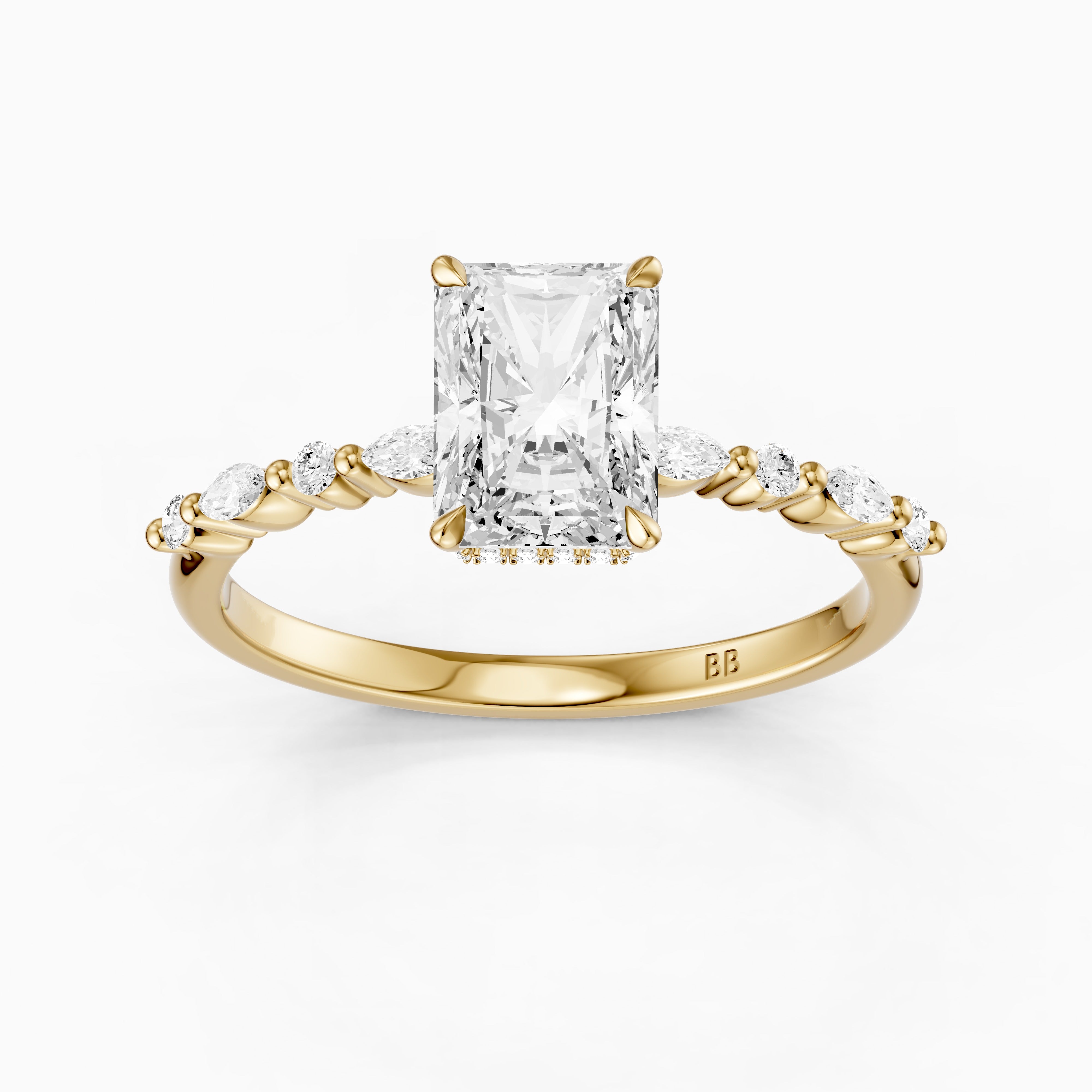 Emelyn Radiant Cut Hidden Halo Side Stone Moissanite Diamond Ring