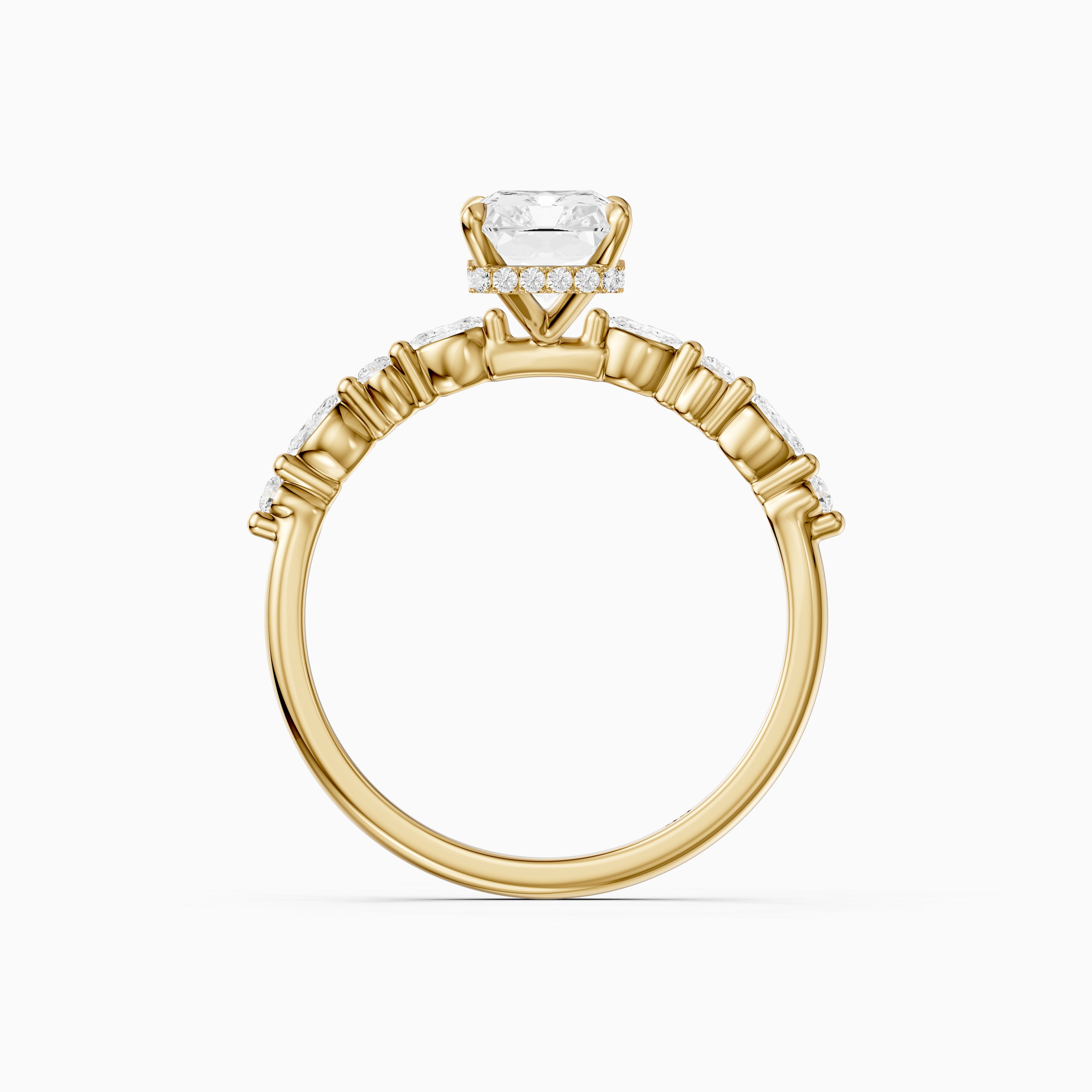 Emelyn Radiant Cut Hidden Halo Side Stone Moissanite Diamond Ring