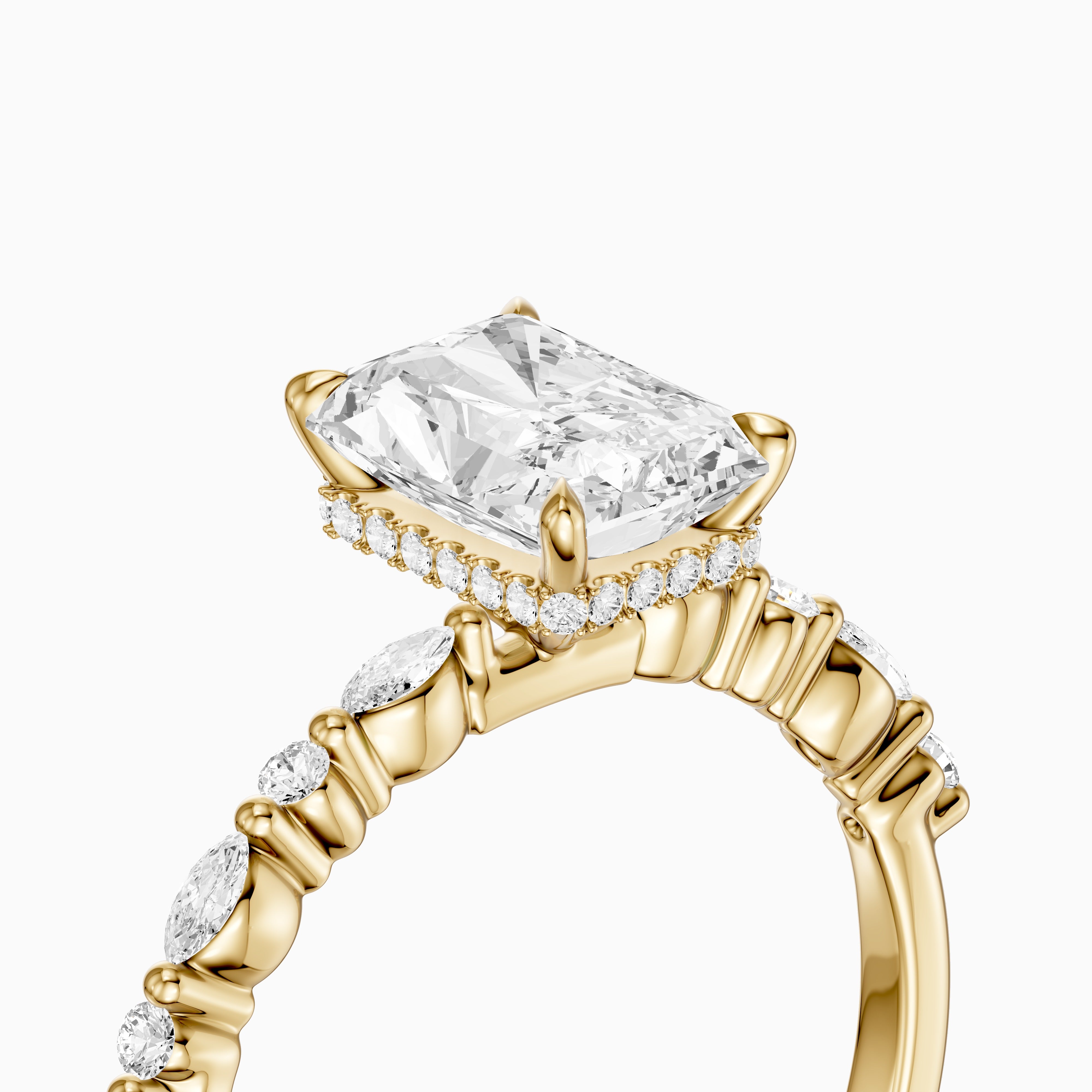Emelyn Radiant Cut Hidden Halo Side Stone Moissanite Diamond Ring