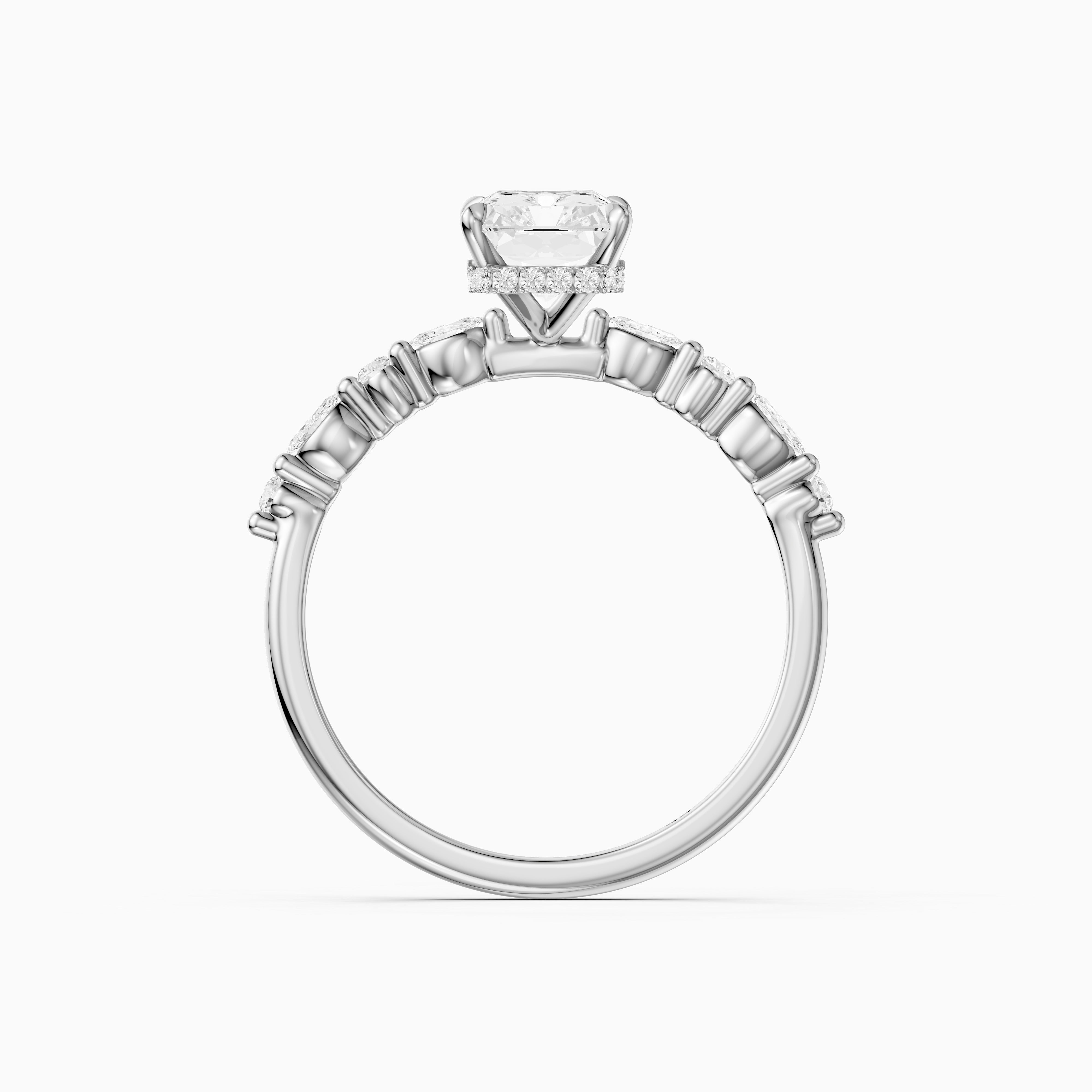 Emelyn Radiant Cut Hidden Halo Side Stone Moissanite Diamond Ring