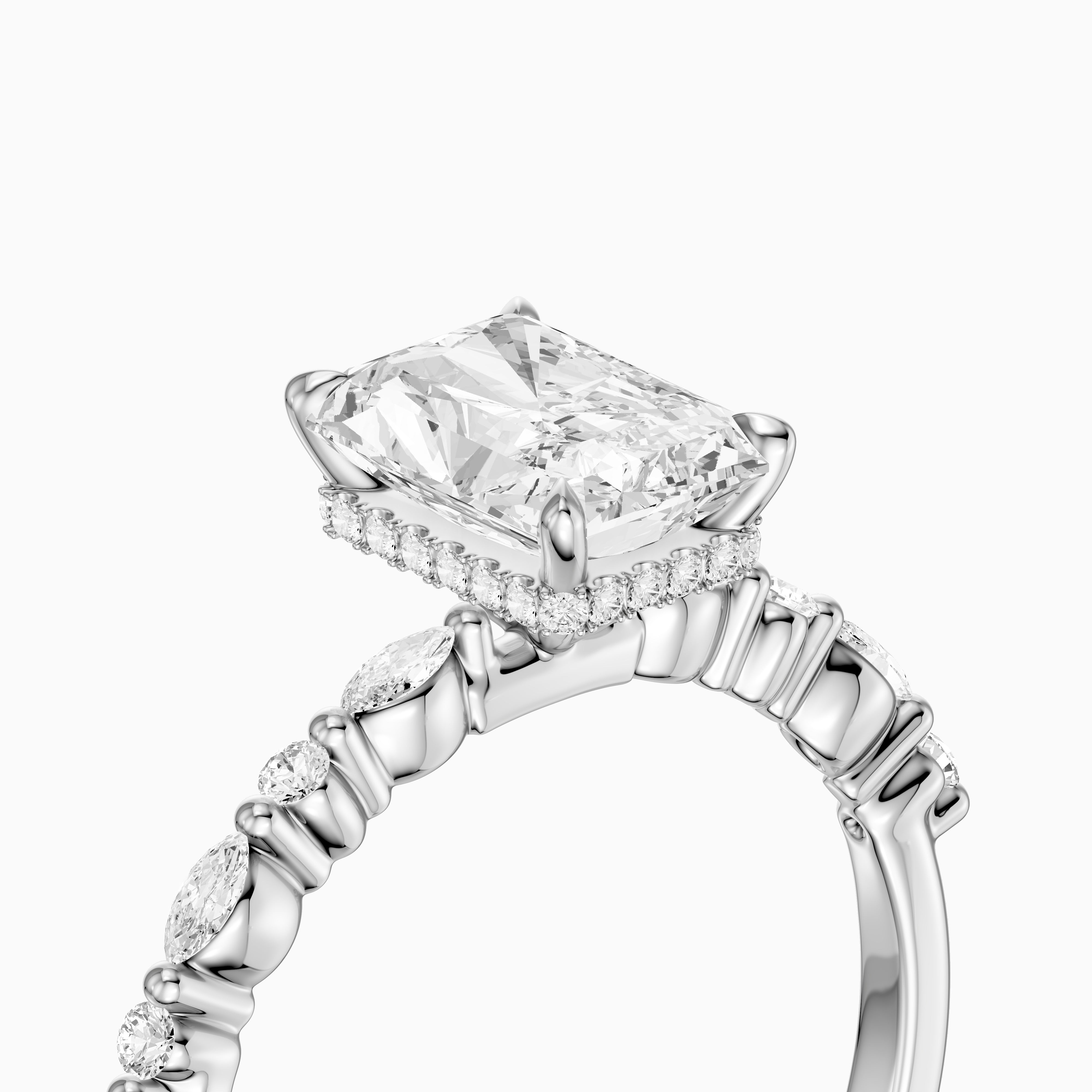 Emelyn Radiant Cut Hidden Halo Side Stone Moissanite Diamond Ring