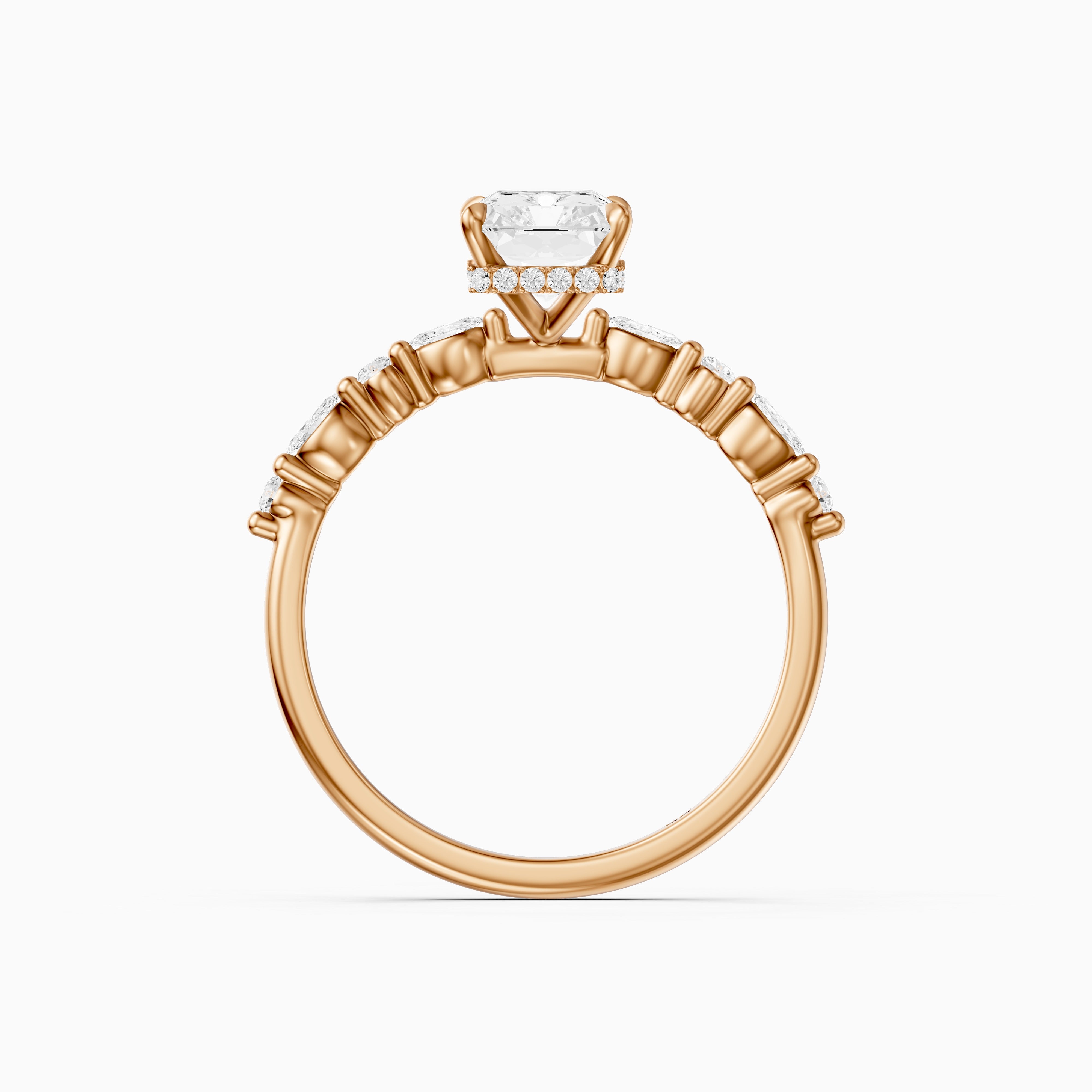 Emelyn Radiant Cut Hidden Halo Side Stone Moissanite Diamond Ring