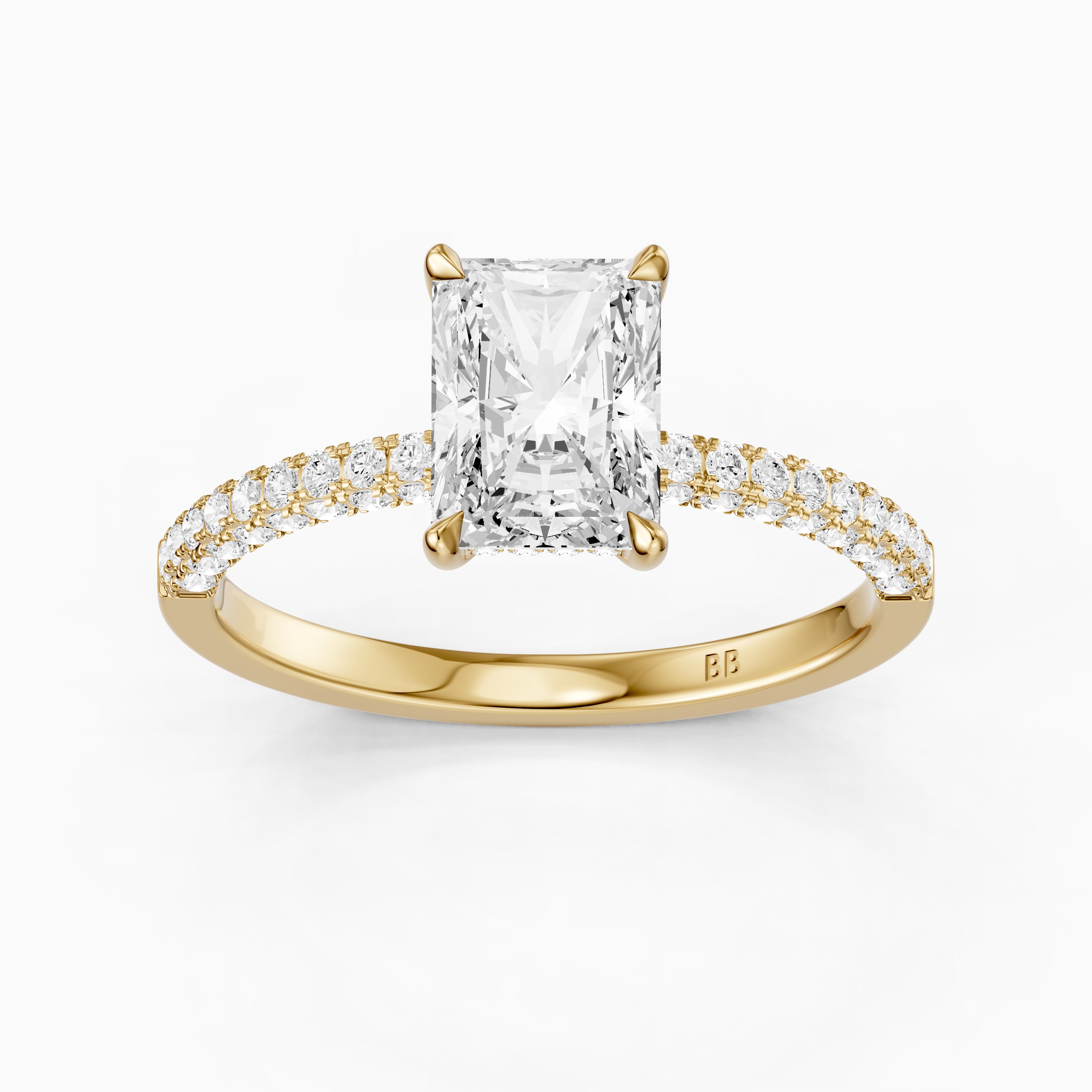 Ensley Radiant Cut Hidden Halo Three Sided Pave Moissanite Diamond Ring
