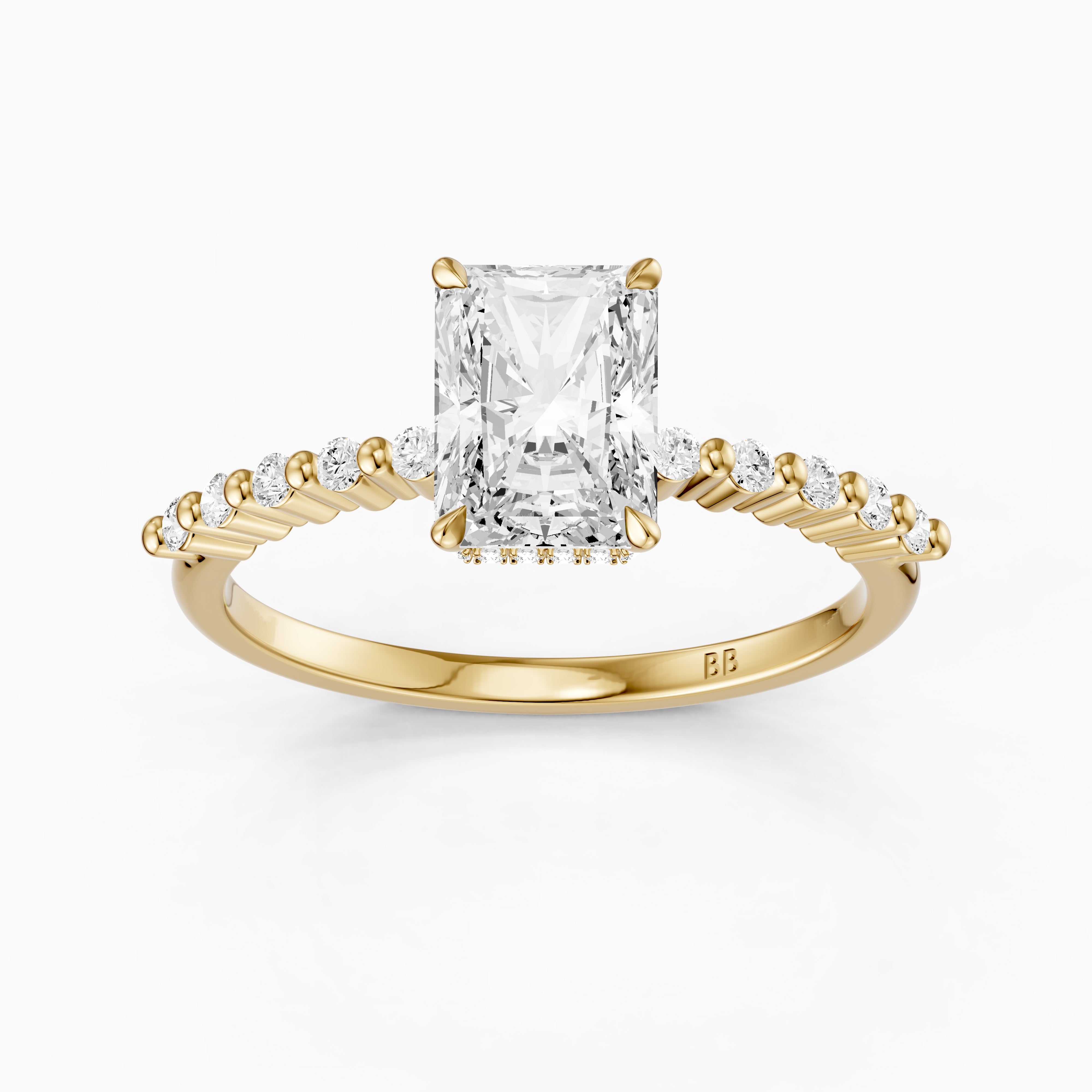Felina Radiant Cut Hidden Halo Side Stone Moissanite Diamond Ring