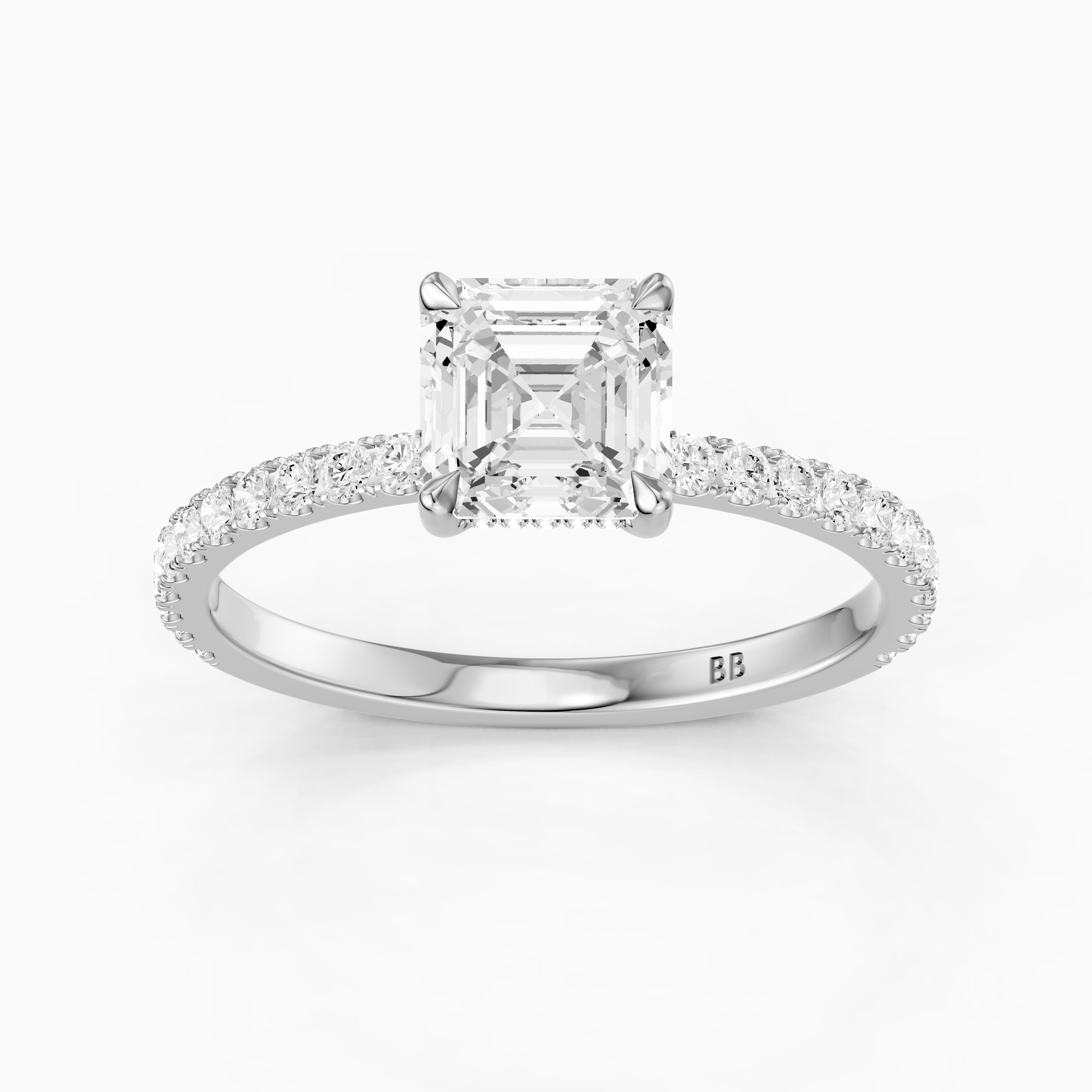 Hannah Asscher Cut Hidden Halo Pave Side Stone Moissanite Diamond Ring