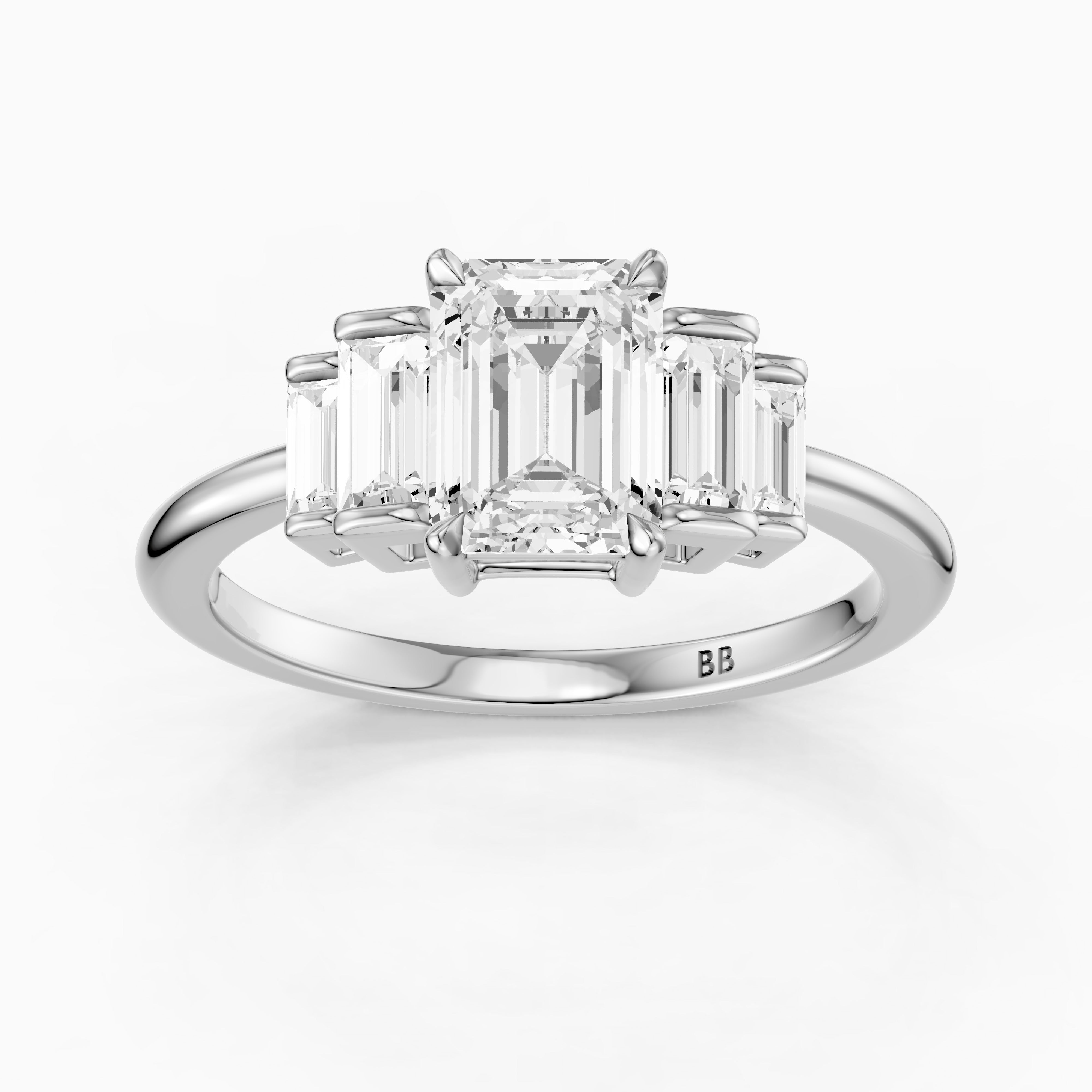Kianna Five Stone Emerald Cut With Baguette Side Stone Moissanite Diamond Ring
