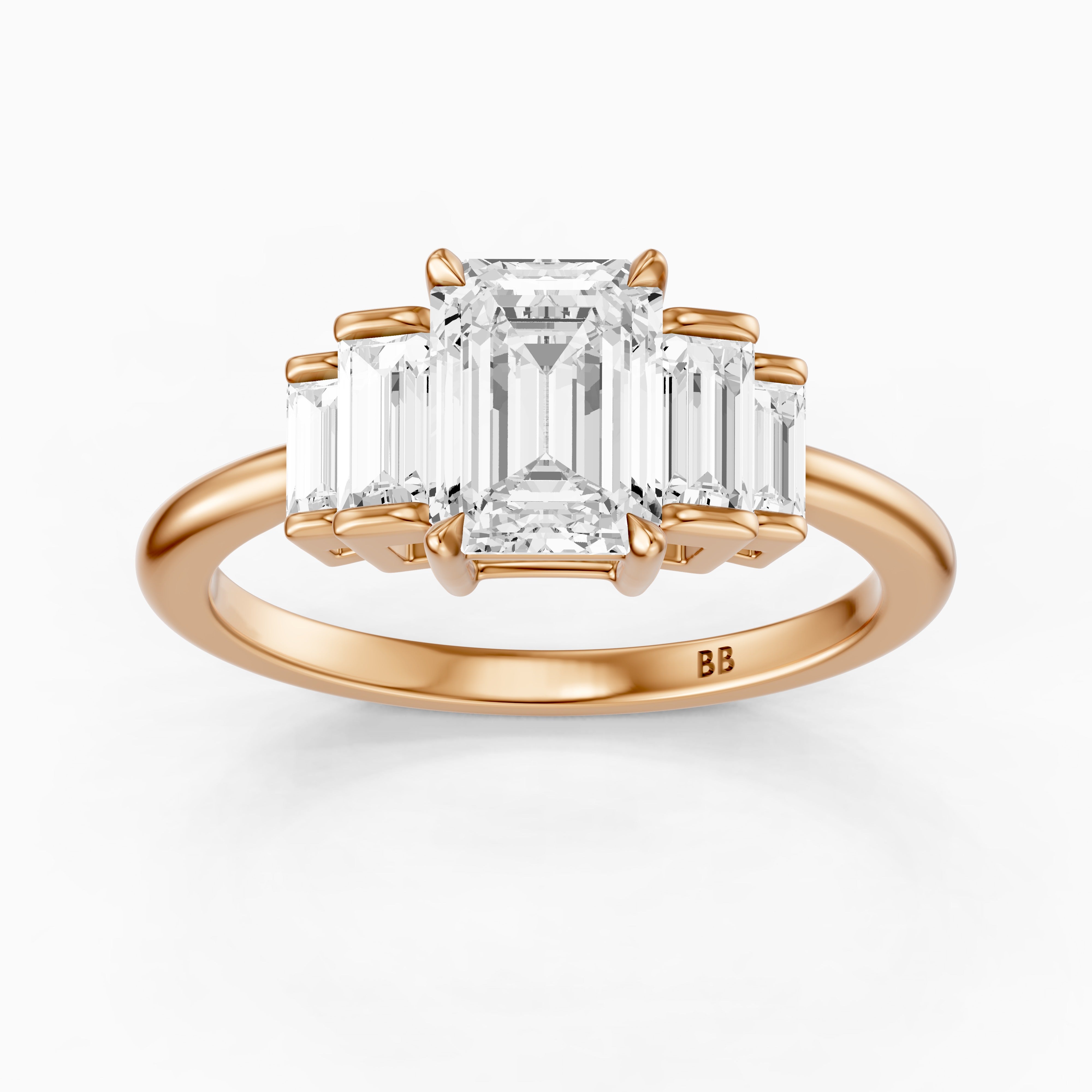 Kianna Five Stone Emerald Cut With Baguette Side Stone Moissanite Diamond Ring