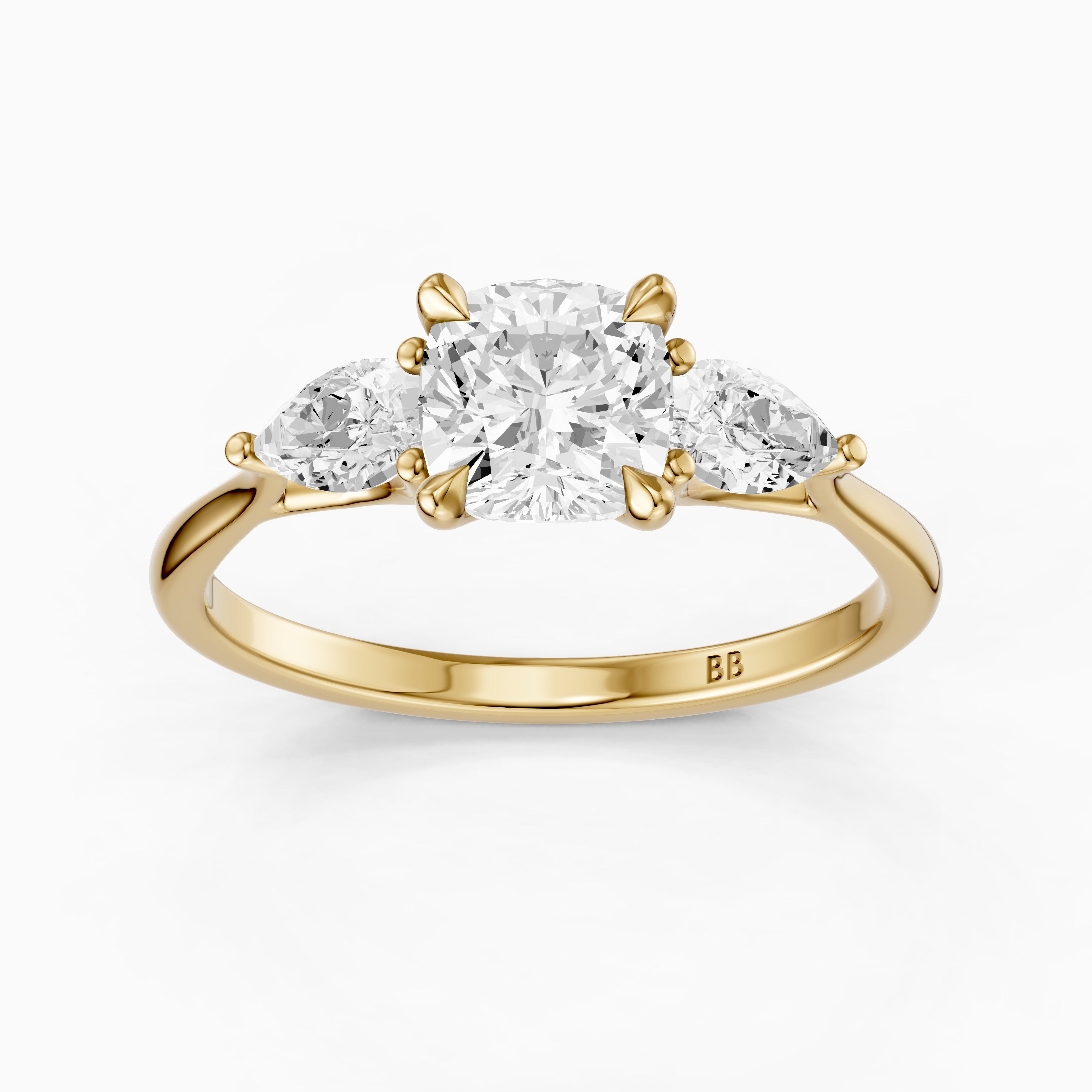 Meghan Three Stone Cushion With Pear Side Stones Moissanite Diamond Ring
