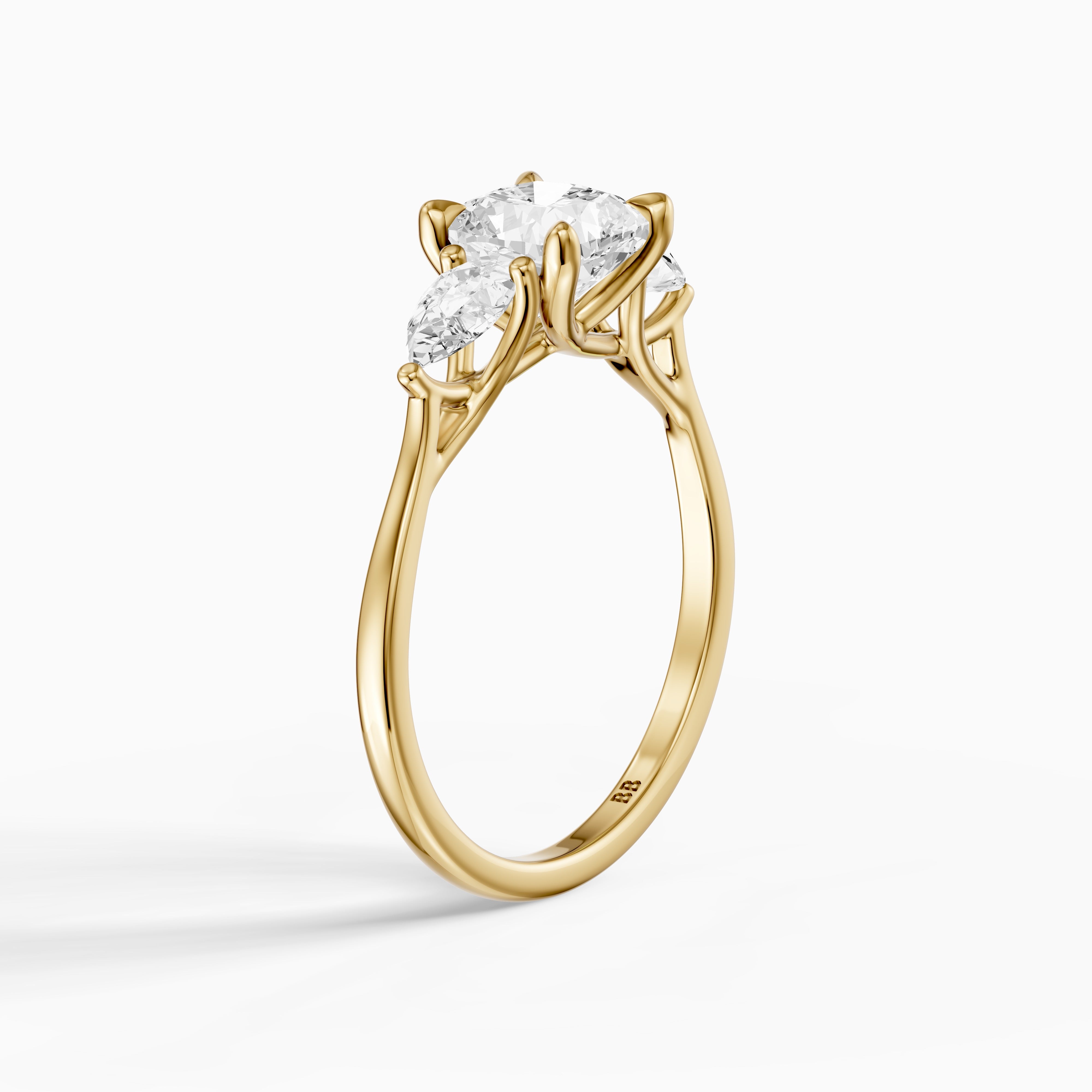 Meghan Three Stone Cushion With Pear Side Stones Moissanite Diamond Ring