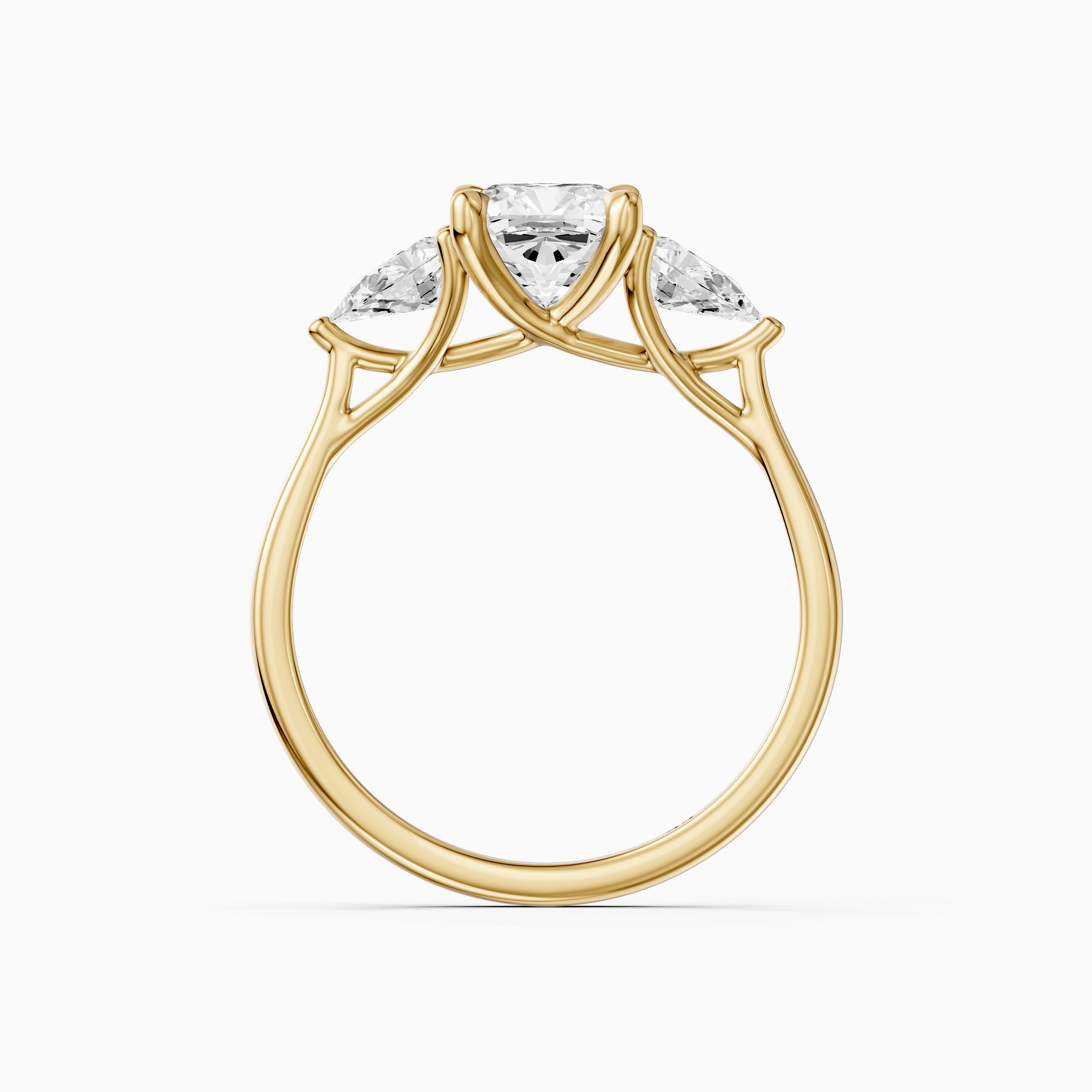 Meghan Three Stone Cushion With Pear Side Stones Moissanite Diamond Ring
