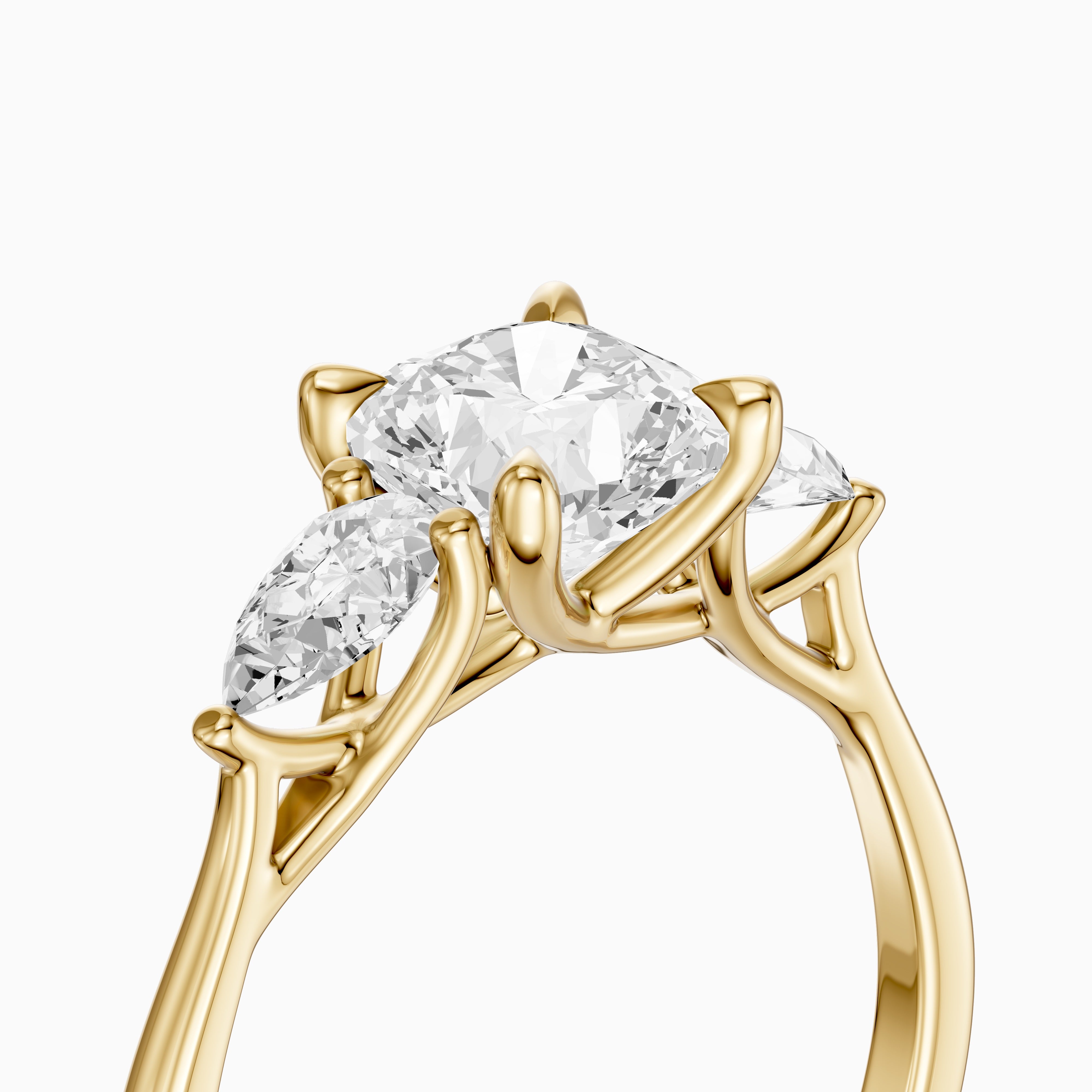 Meghan Three Stone Cushion With Pear Side Stones Moissanite Diamond Ring