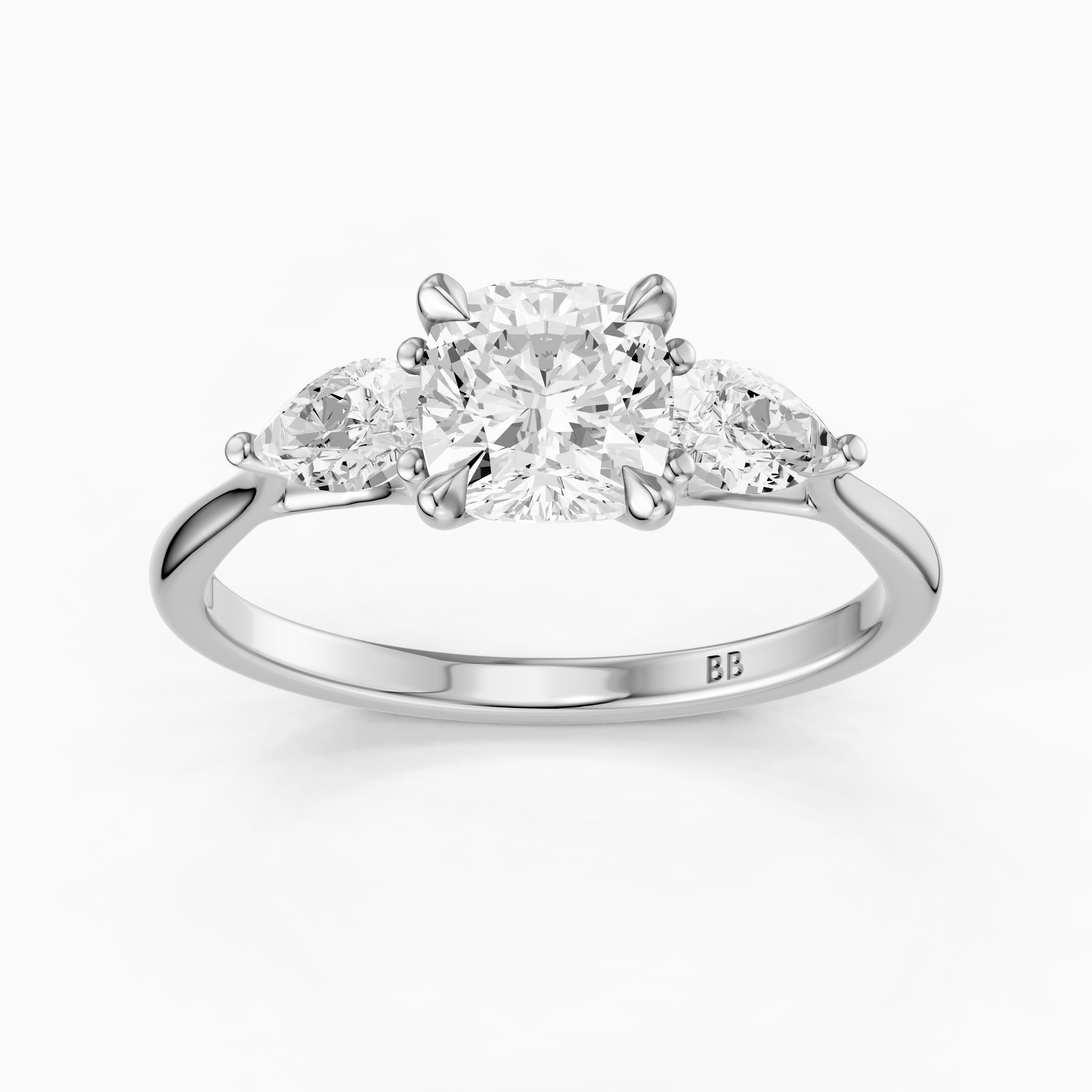 Meghan Three Stone Cushion With Pear Side Stones Moissanite Diamond Ring