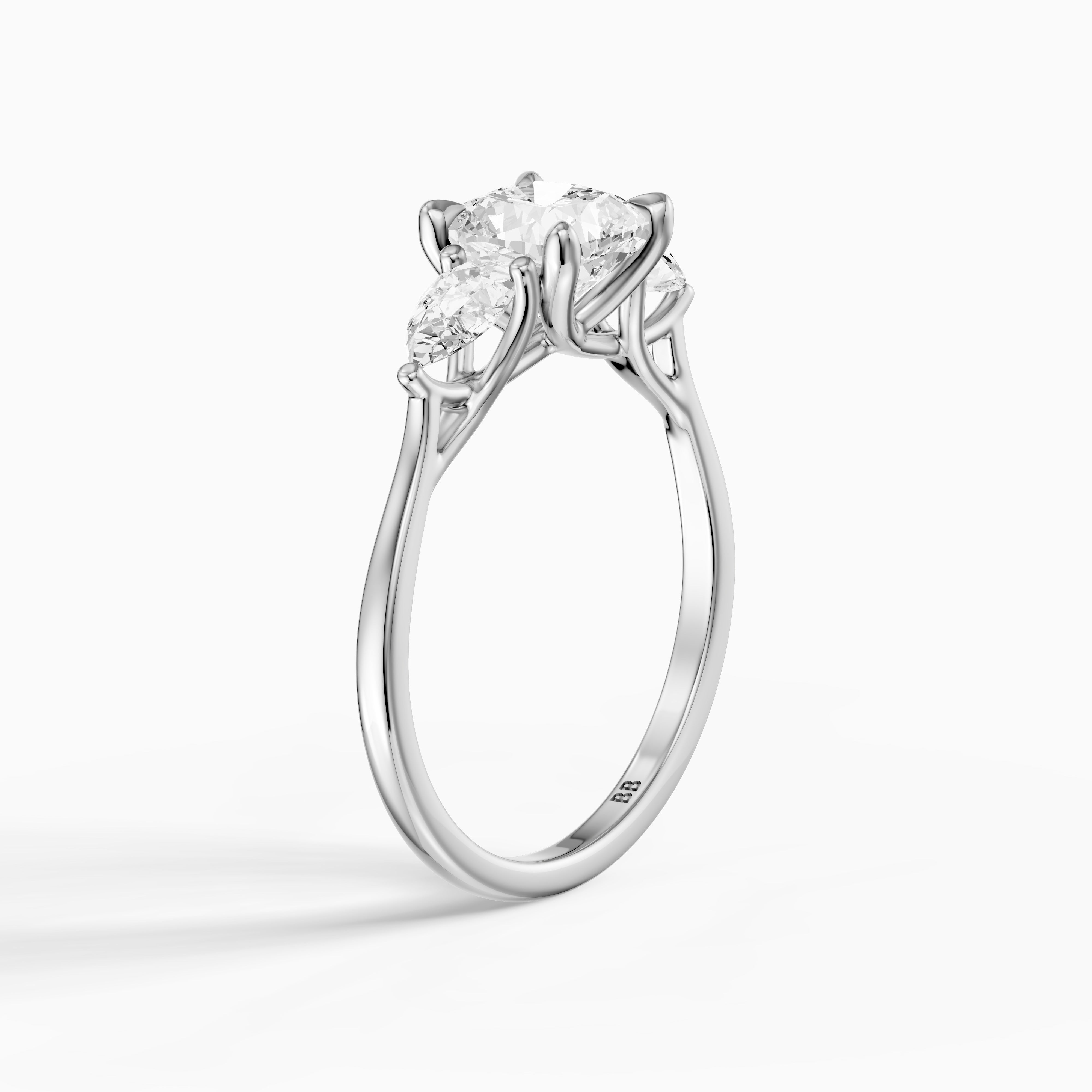 Meghan Three Stone Cushion With Pear Side Stones Moissanite Diamond Ring