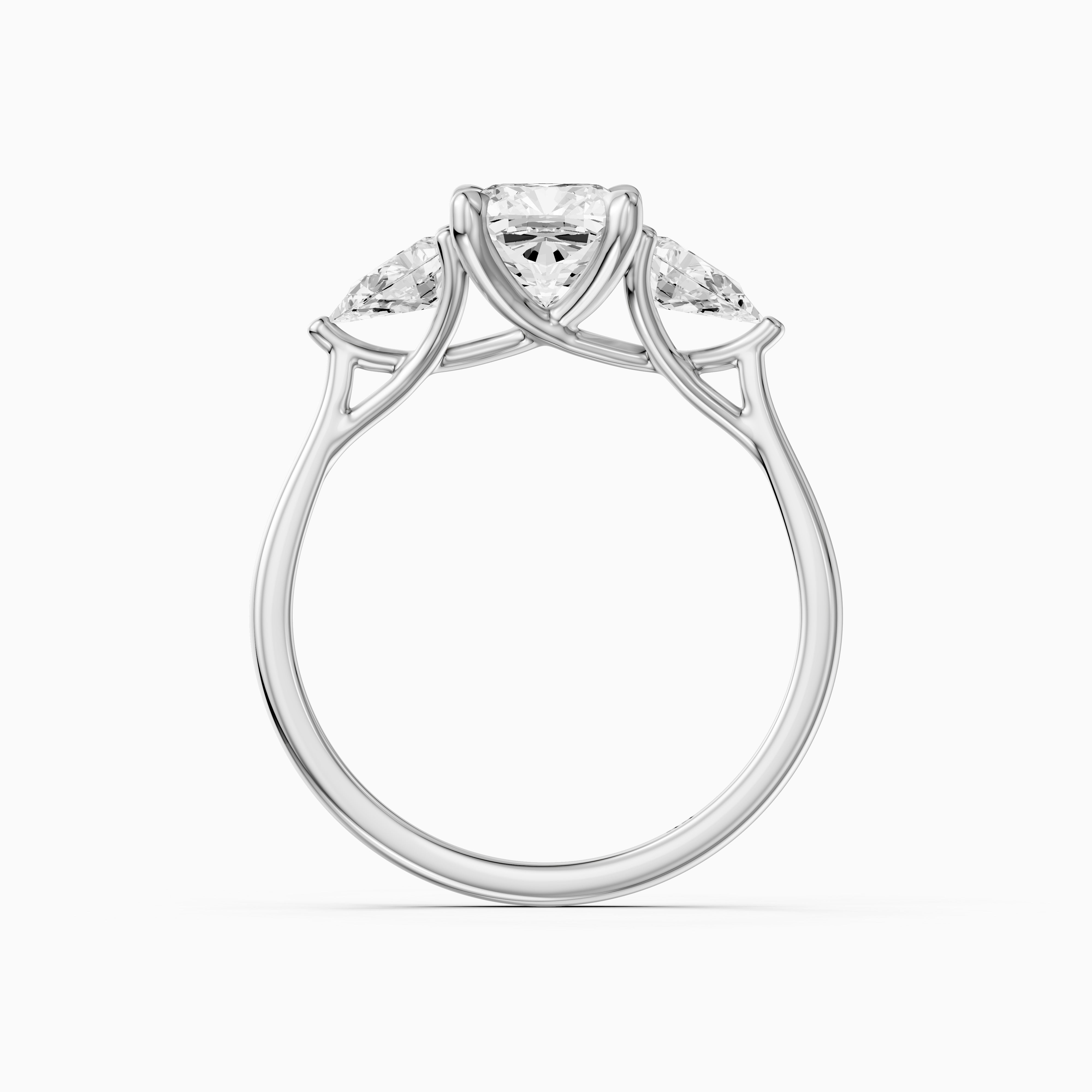 Meghan Three Stone Cushion With Pear Side Stones Moissanite Diamond Ring