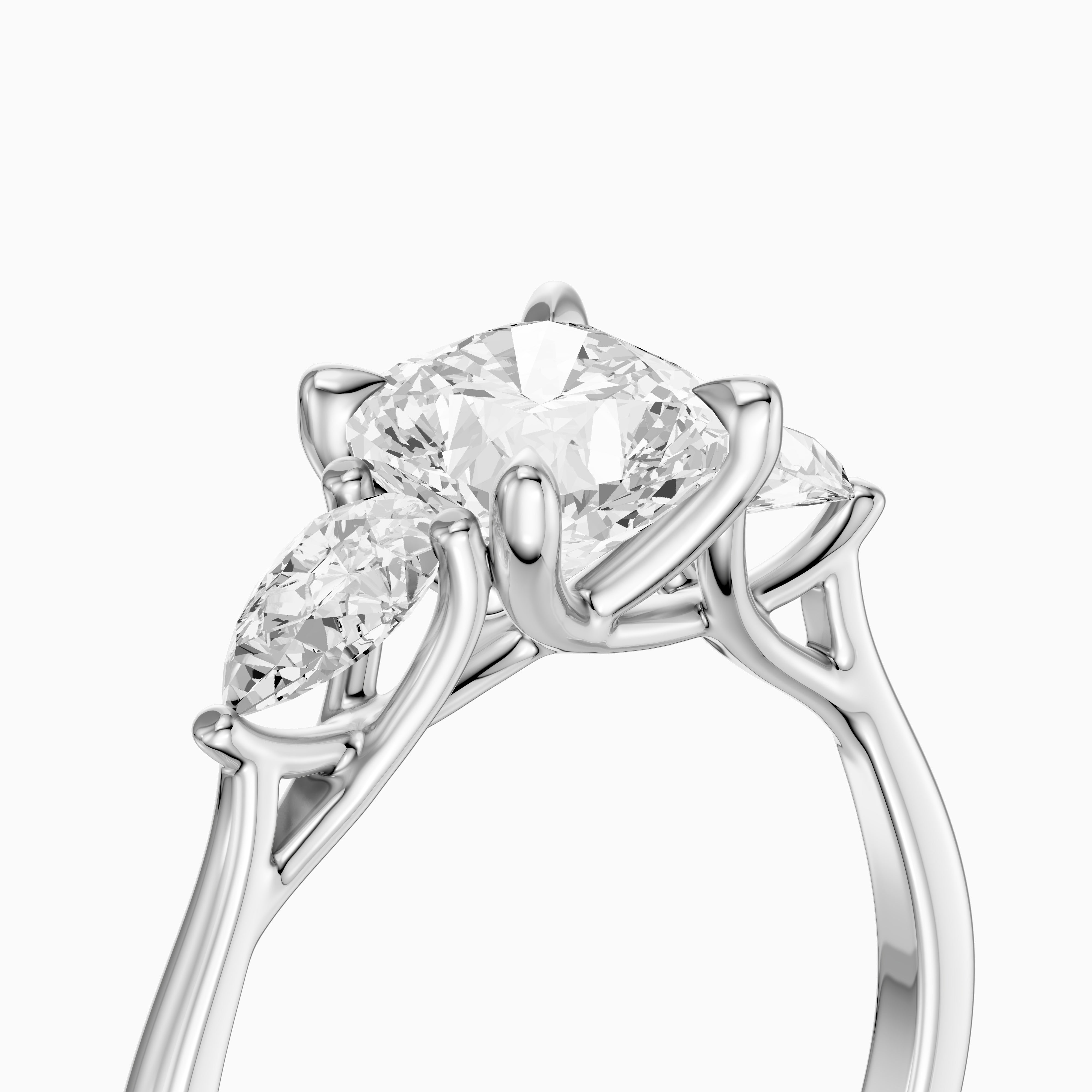 Meghan Three Stone Cushion With Pear Side Stones Moissanite Diamond Ring