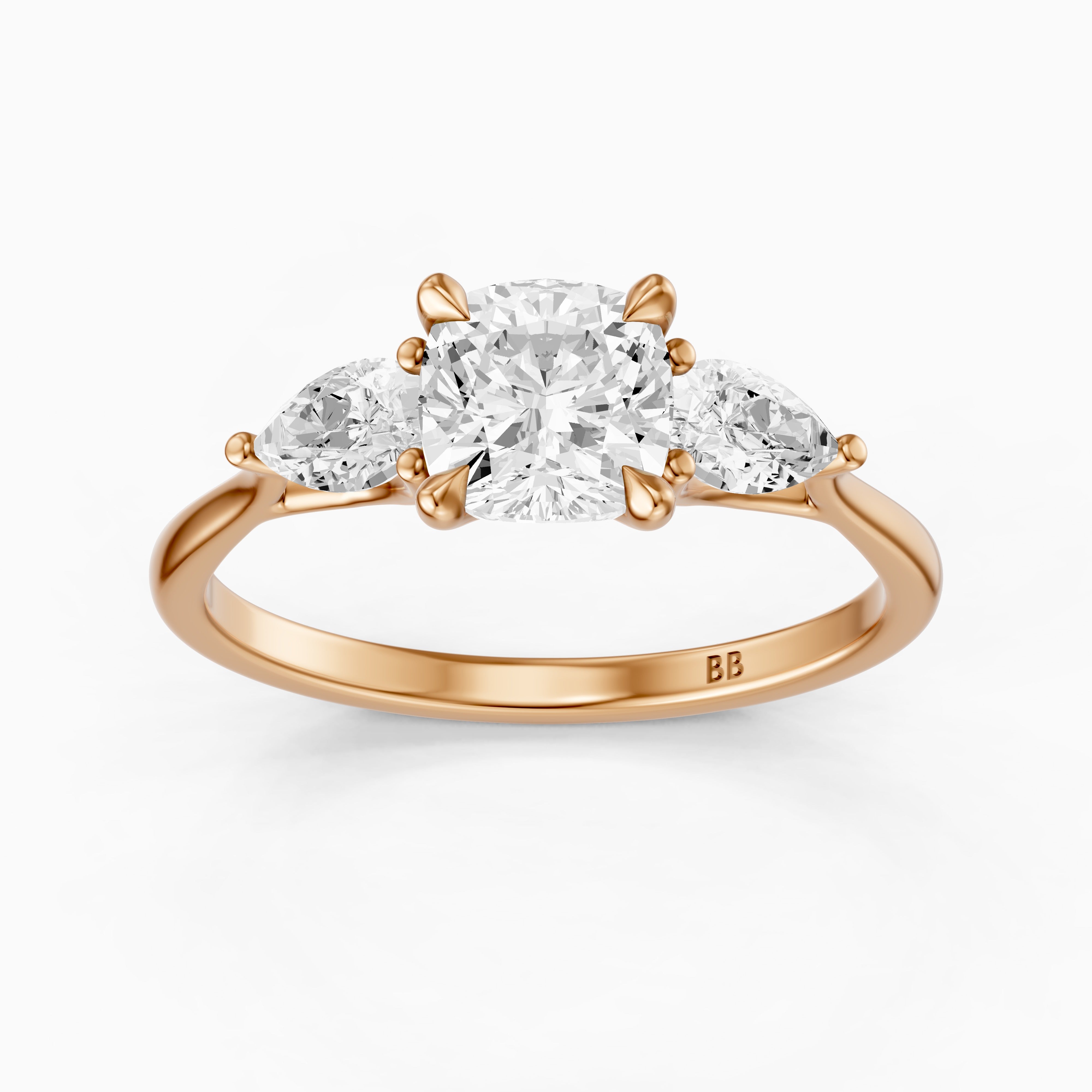 Meghan Three Stone Cushion With Pear Side Stones Moissanite Diamond Ring