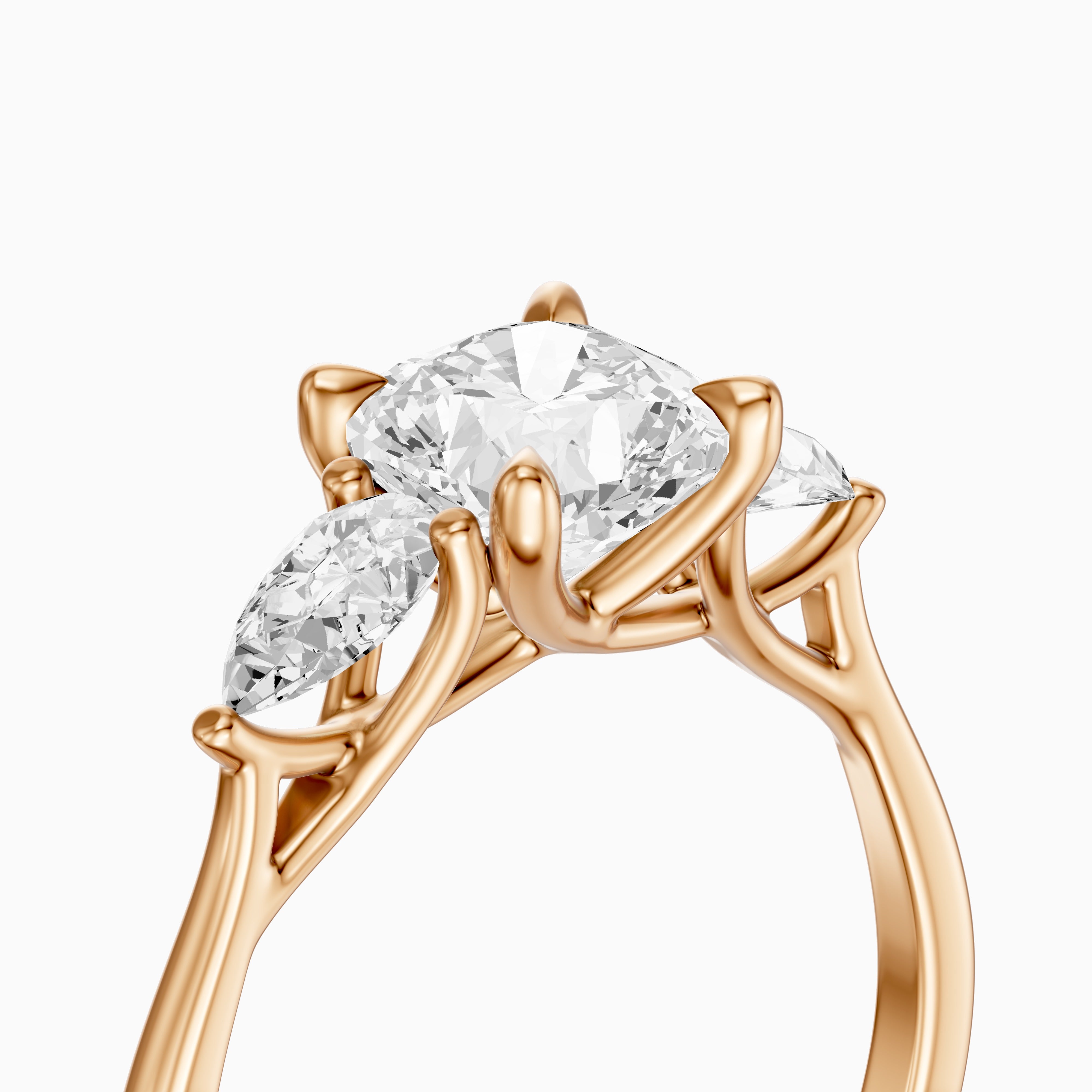 Meghan Three Stone Cushion With Pear Side Stones Moissanite Diamond Ring