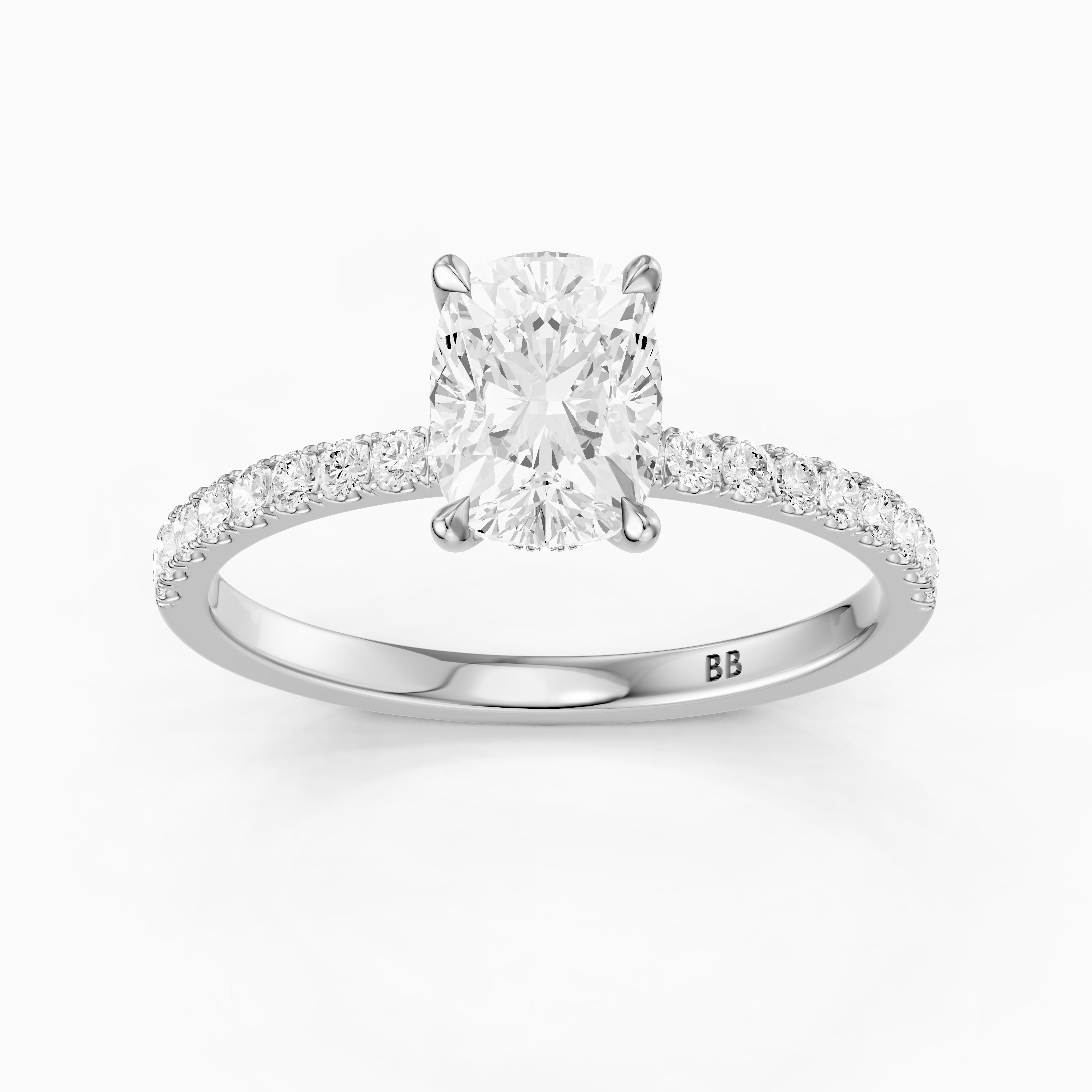 Millan Elongated Cushion Cut Hidden Halo Pave Moissanite Diamond Ring