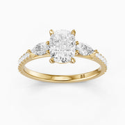 Miriah Three Stone Elongated Cushion Pave Lab Grown Diamond Ring with Pear Side Stones